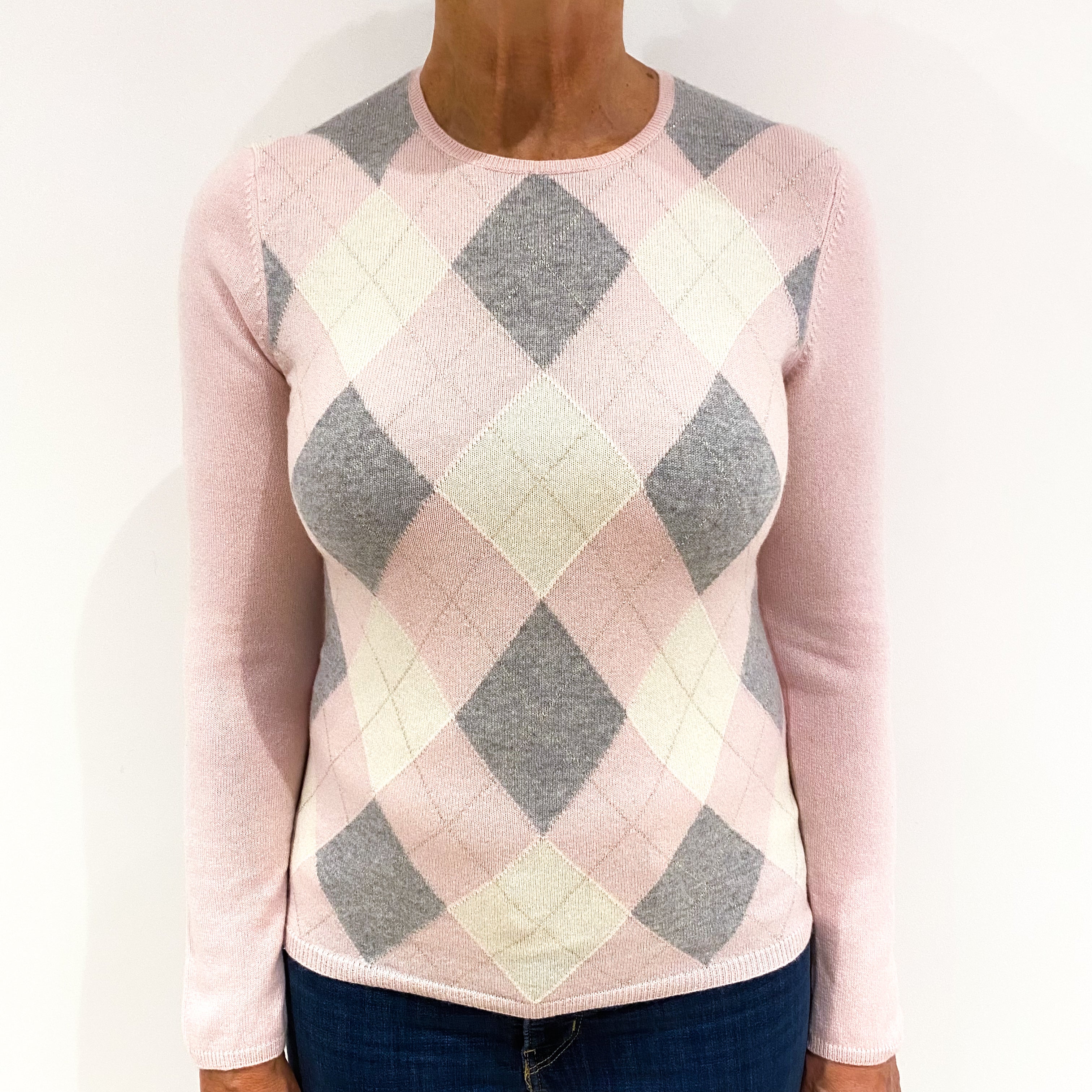 Pink, Grey and Cream Diamond Patterned Cashmere Crew Neck Jumper Medium