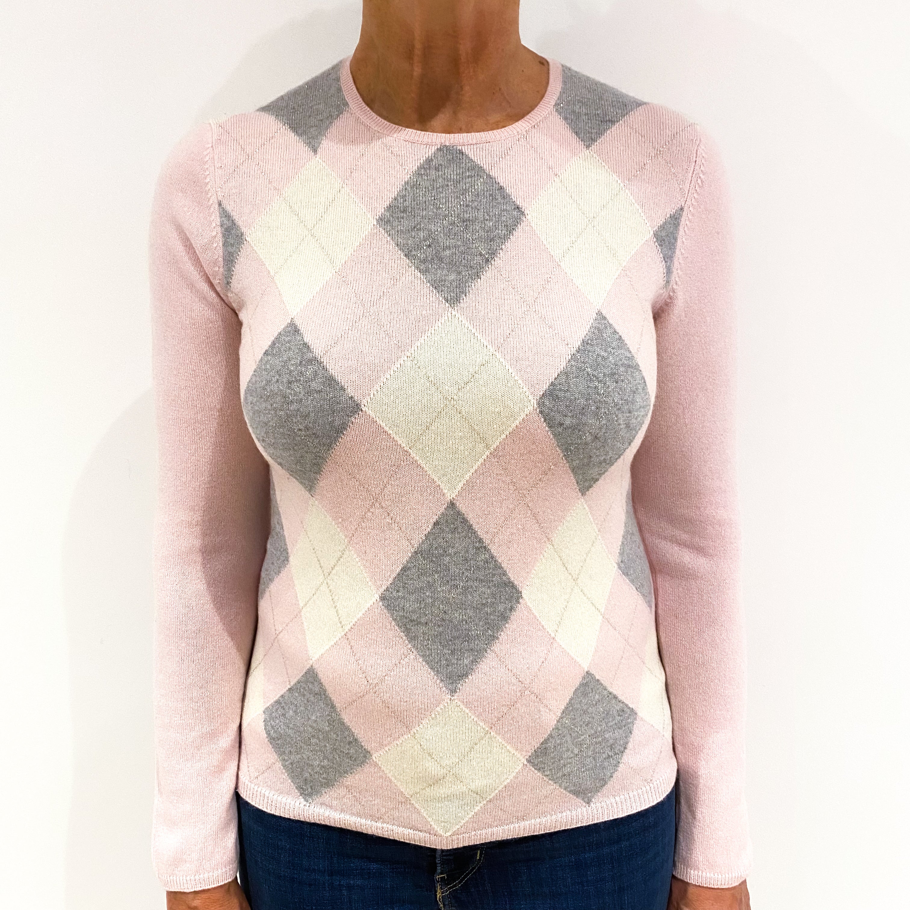 Pink, Grey and Cream Diamond Patterned Cashmere Crew Neck Jumper Medium