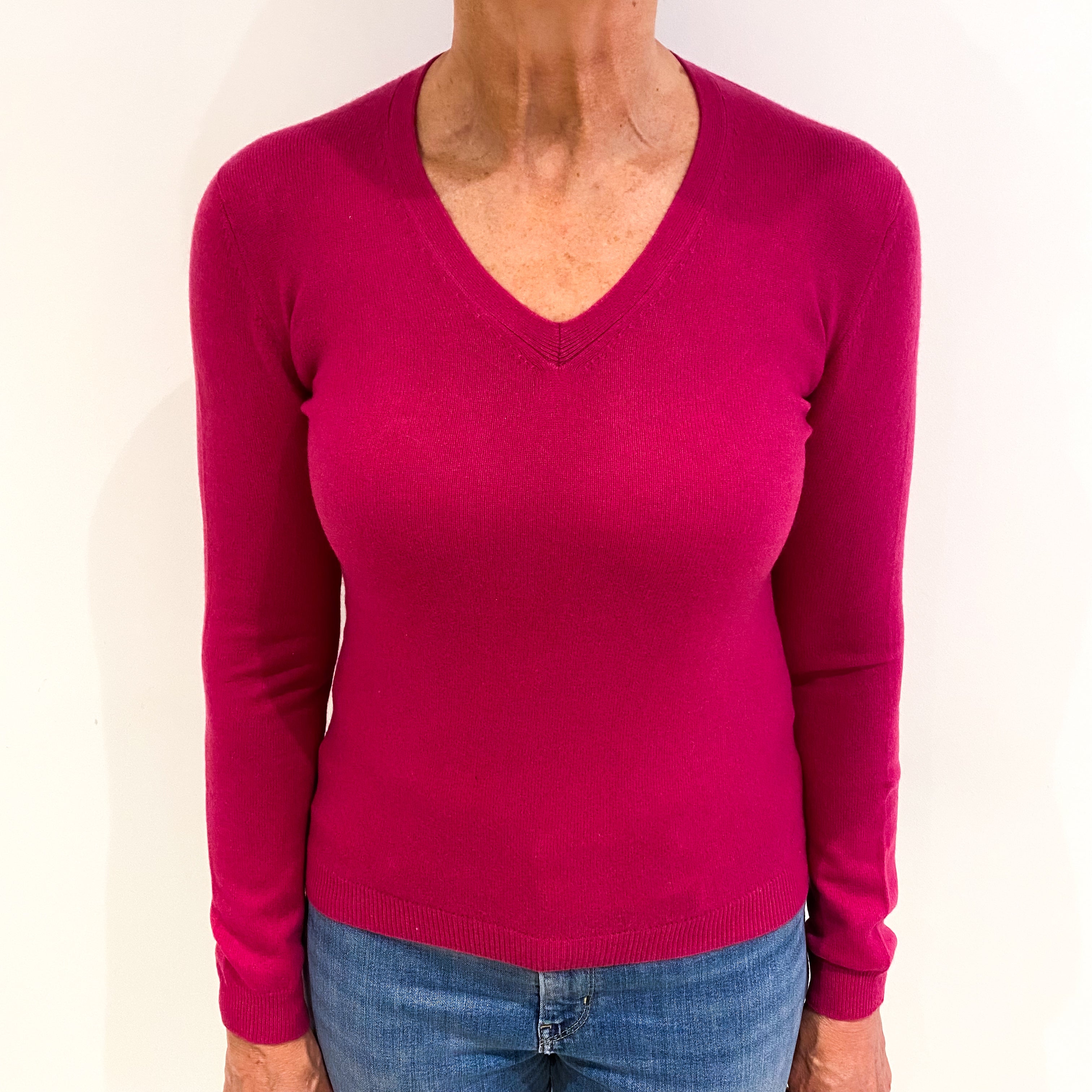 Fuchsia Pink Cashmere V Neck Jumper Medium