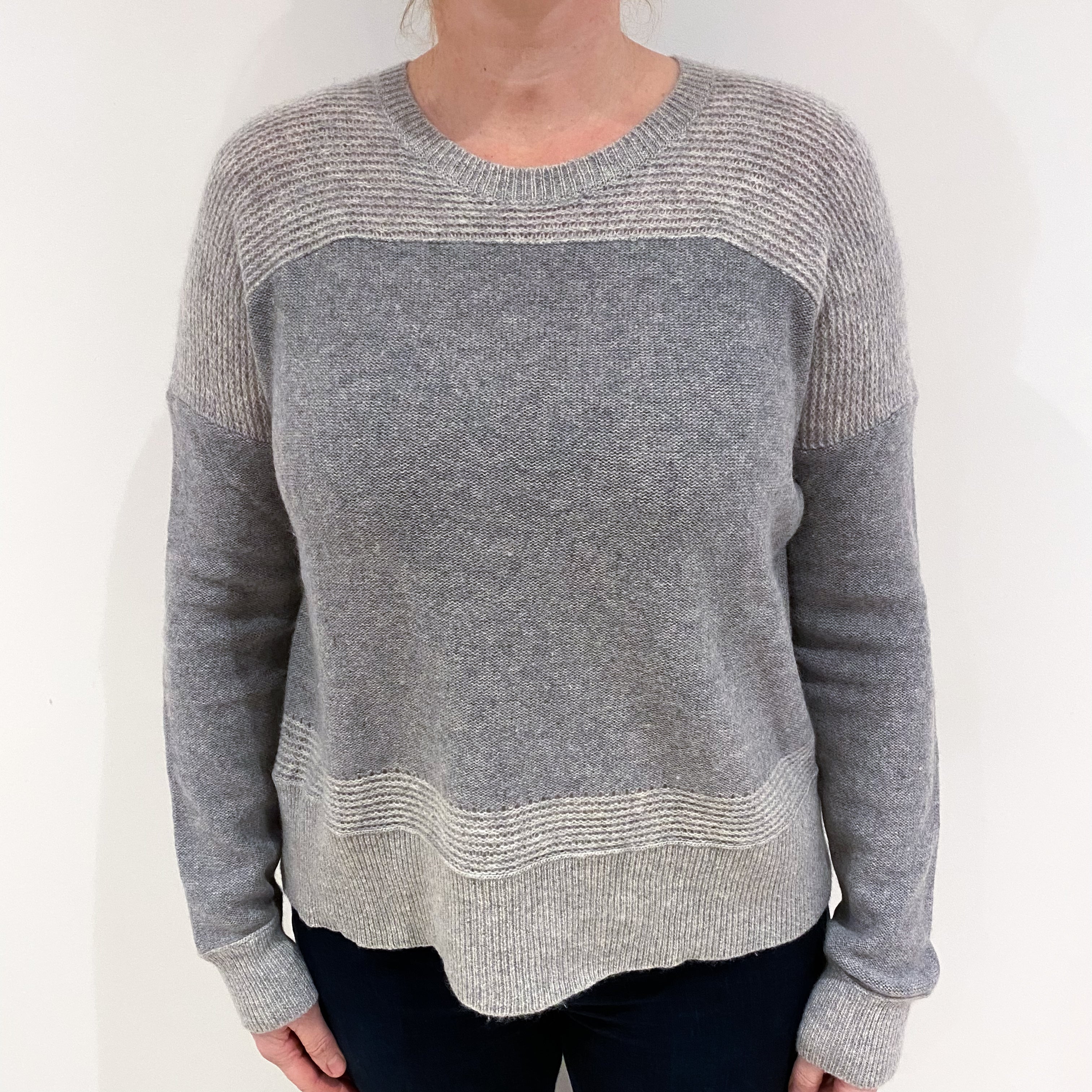 Smoke Grey and Ash Grey Cashmere Crew Neck Jumper Large