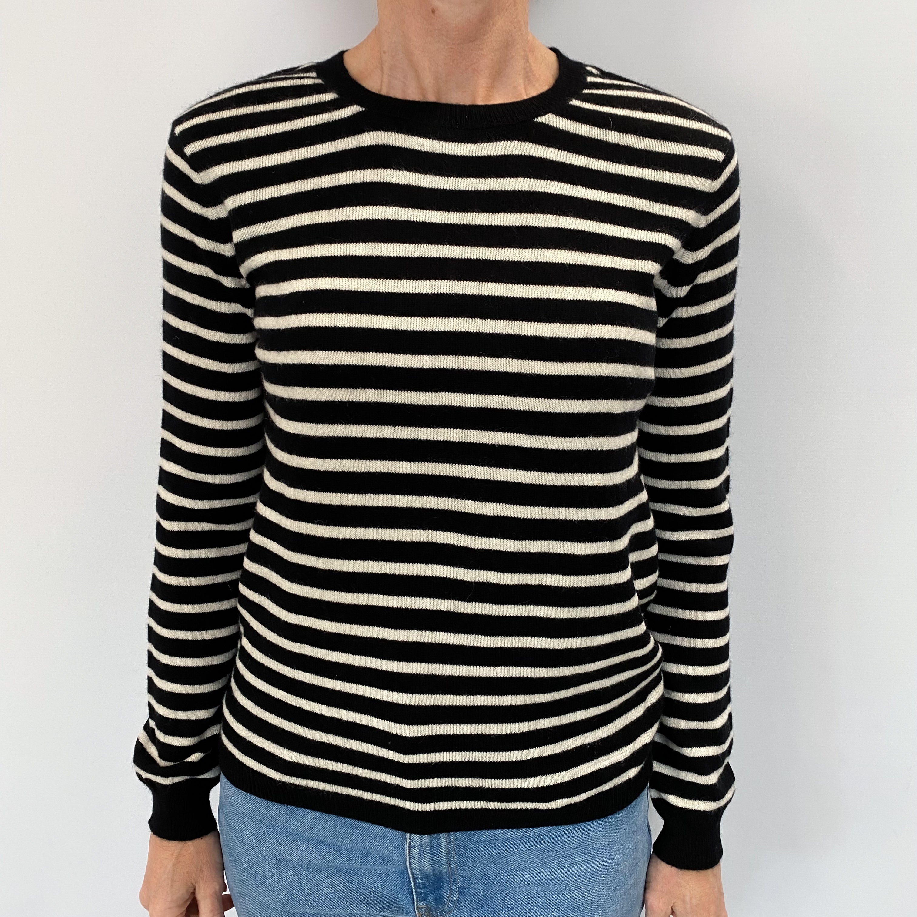 Black And Cream Stripe Cashmere Crew Neck Jumper Small