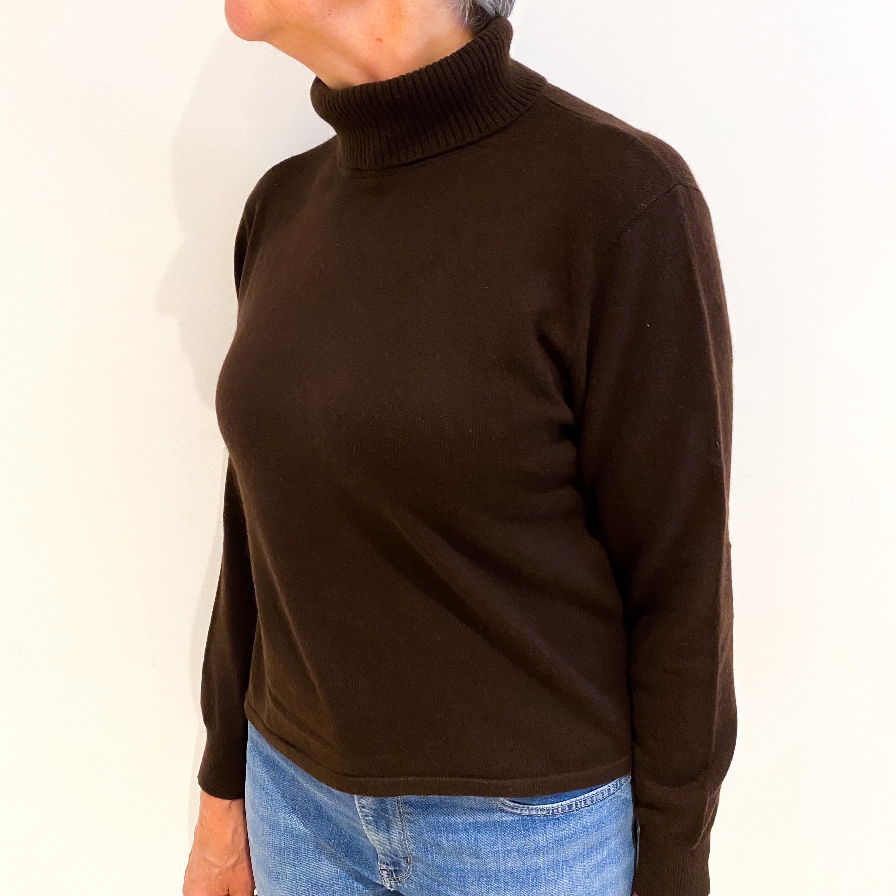 Chocolate Brown Cashmere Polo Neck Jumper Medium