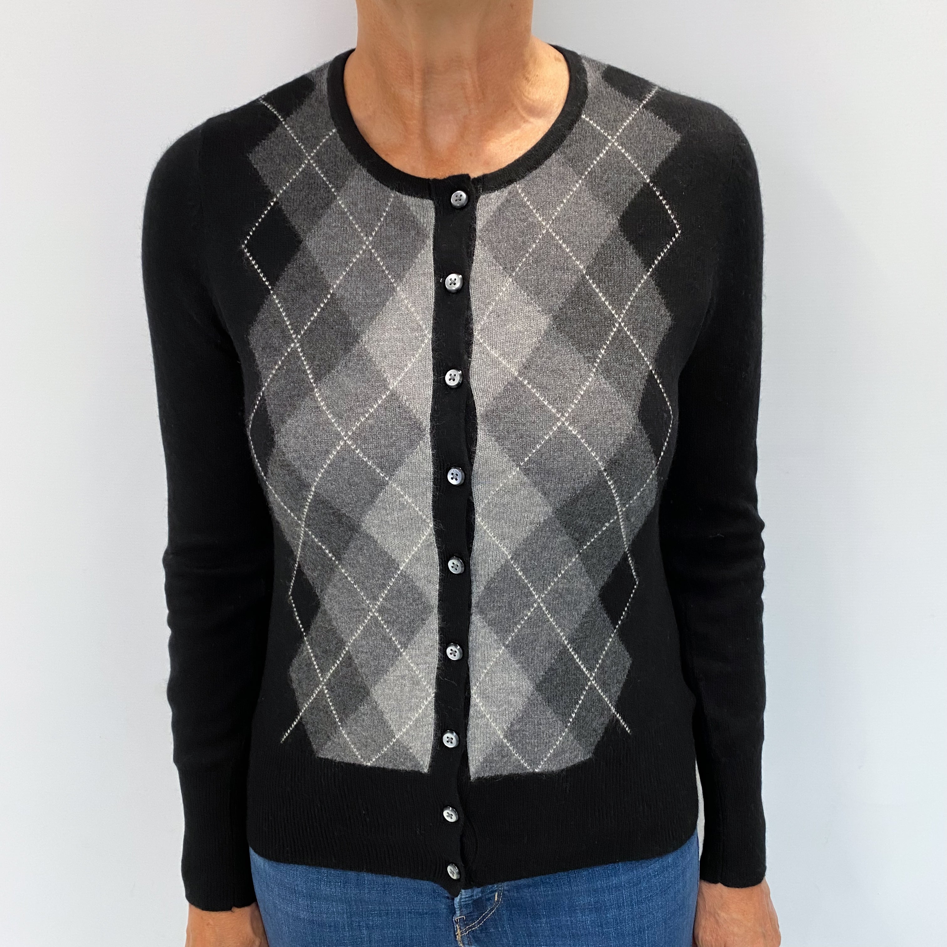 Black Argyle Cashmere Crew Neck Cardigan Medium