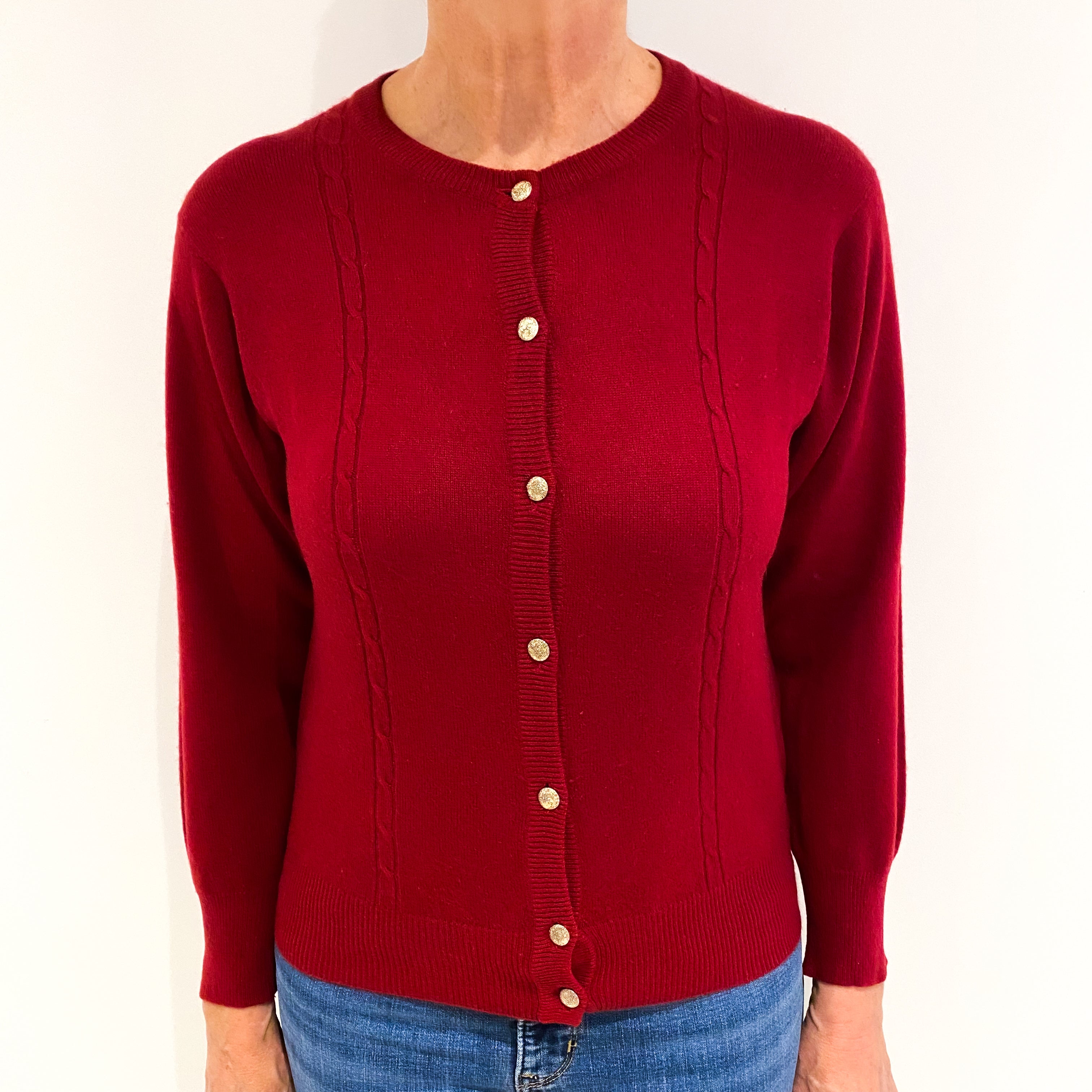 Garnet Red Cashmere Crew Neck Cardigan Medium