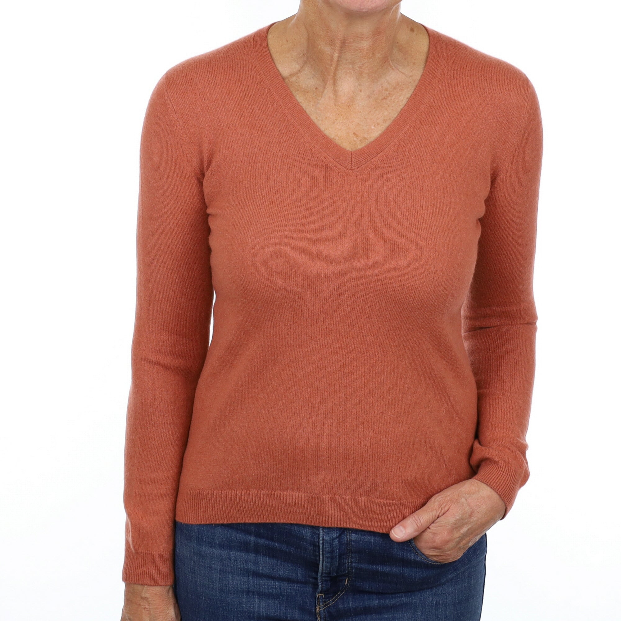 Terracotta Orange Cashmere V Neck Jumper Medium