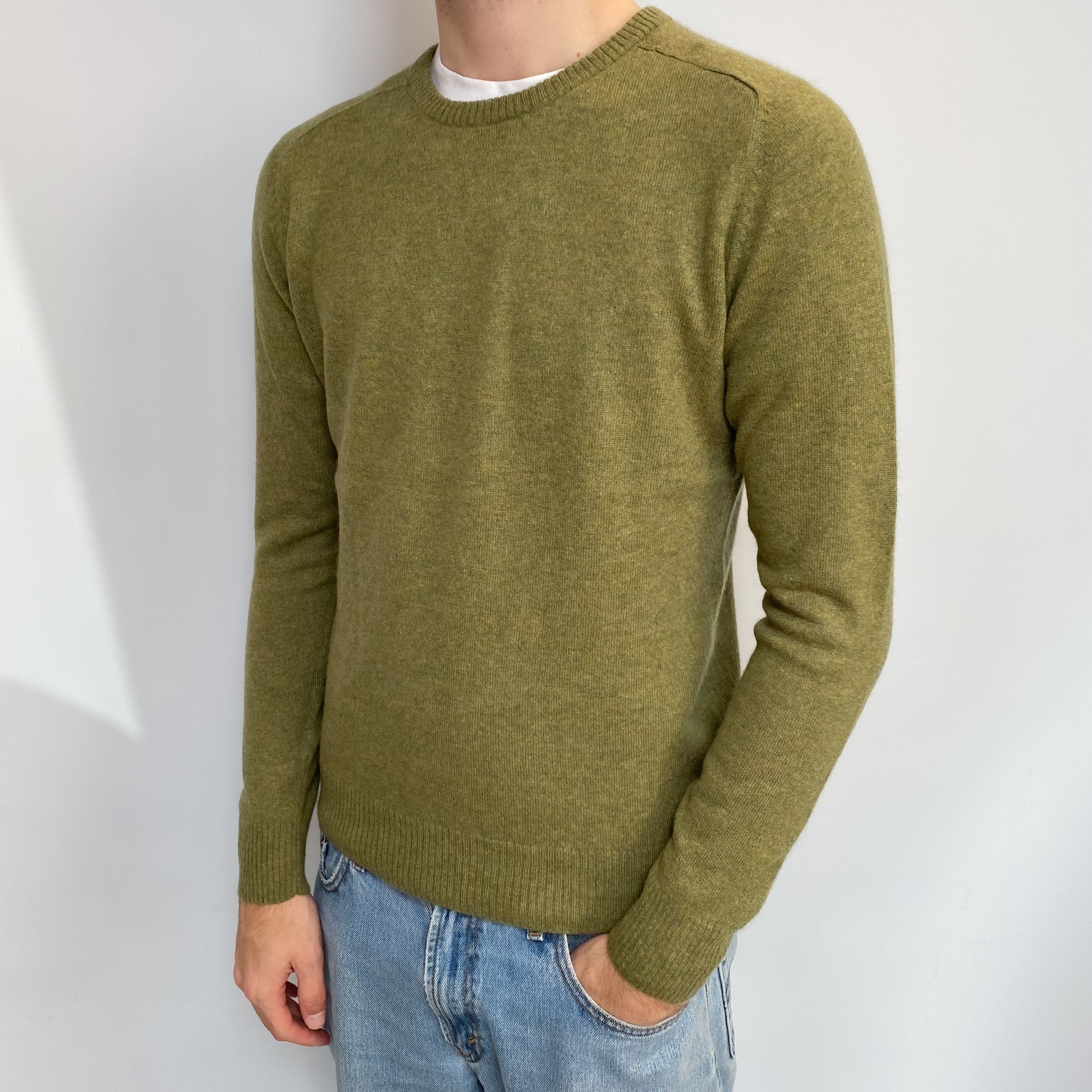 Men's Moss Green Cashmere Crew Neck Jumper Large