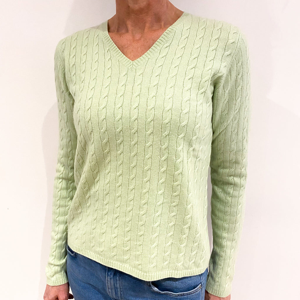Avocado Green Cable Cashmere V Neck Jumper Small