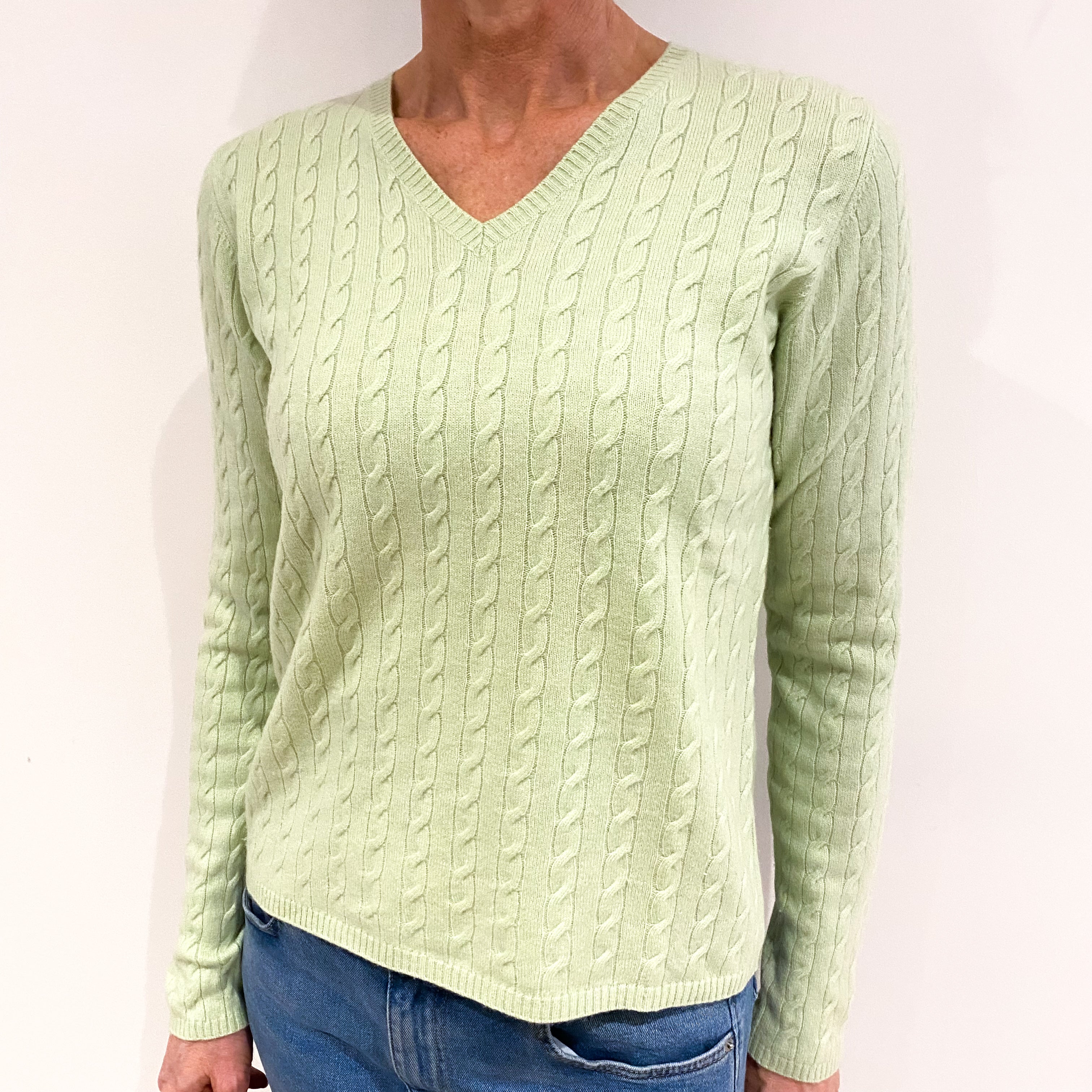 Avocado Green Cable Cashmere V Neck Jumper Small