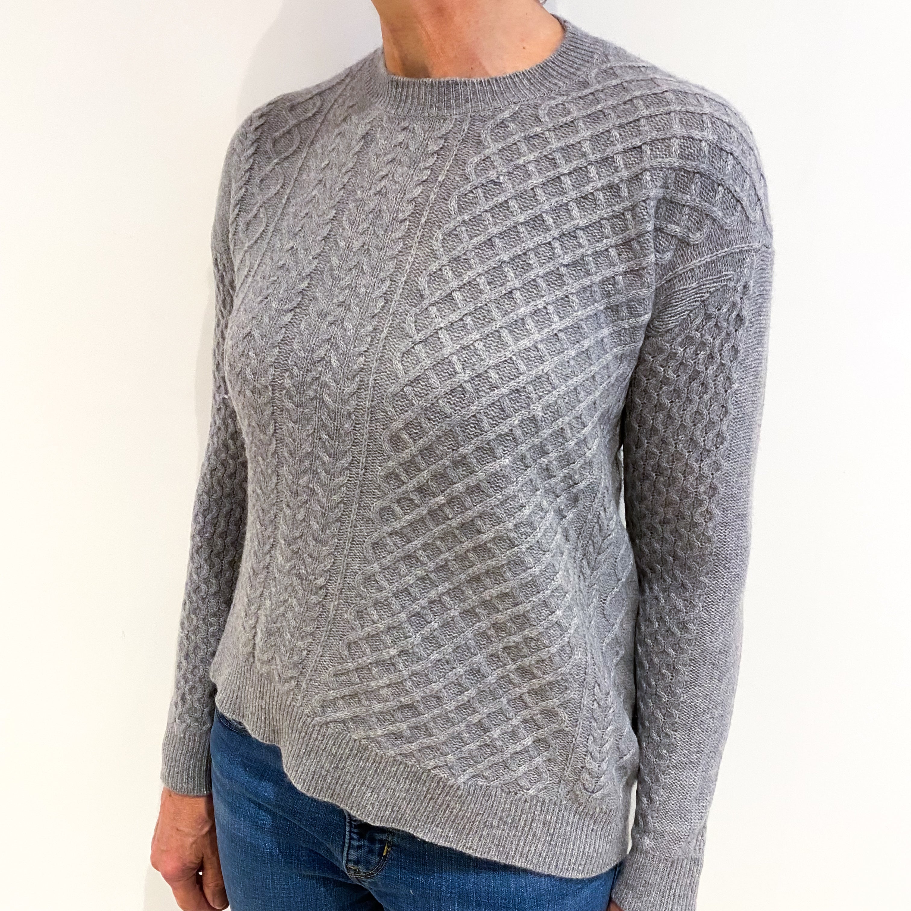 Ash Grey Cashmere Crew Neck All Over Cable Knit Jumper Medium