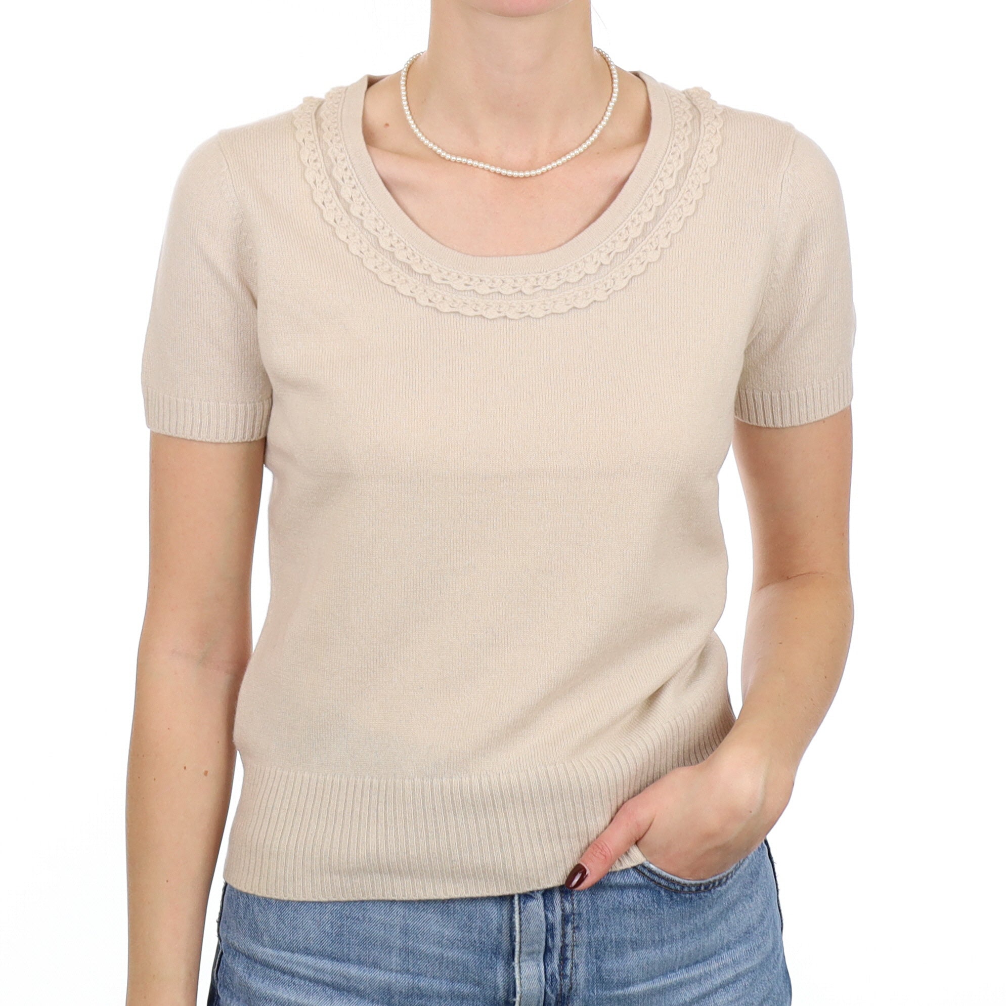 Beige Cashmere Short Sleeve Scoop Neck Jumper Small