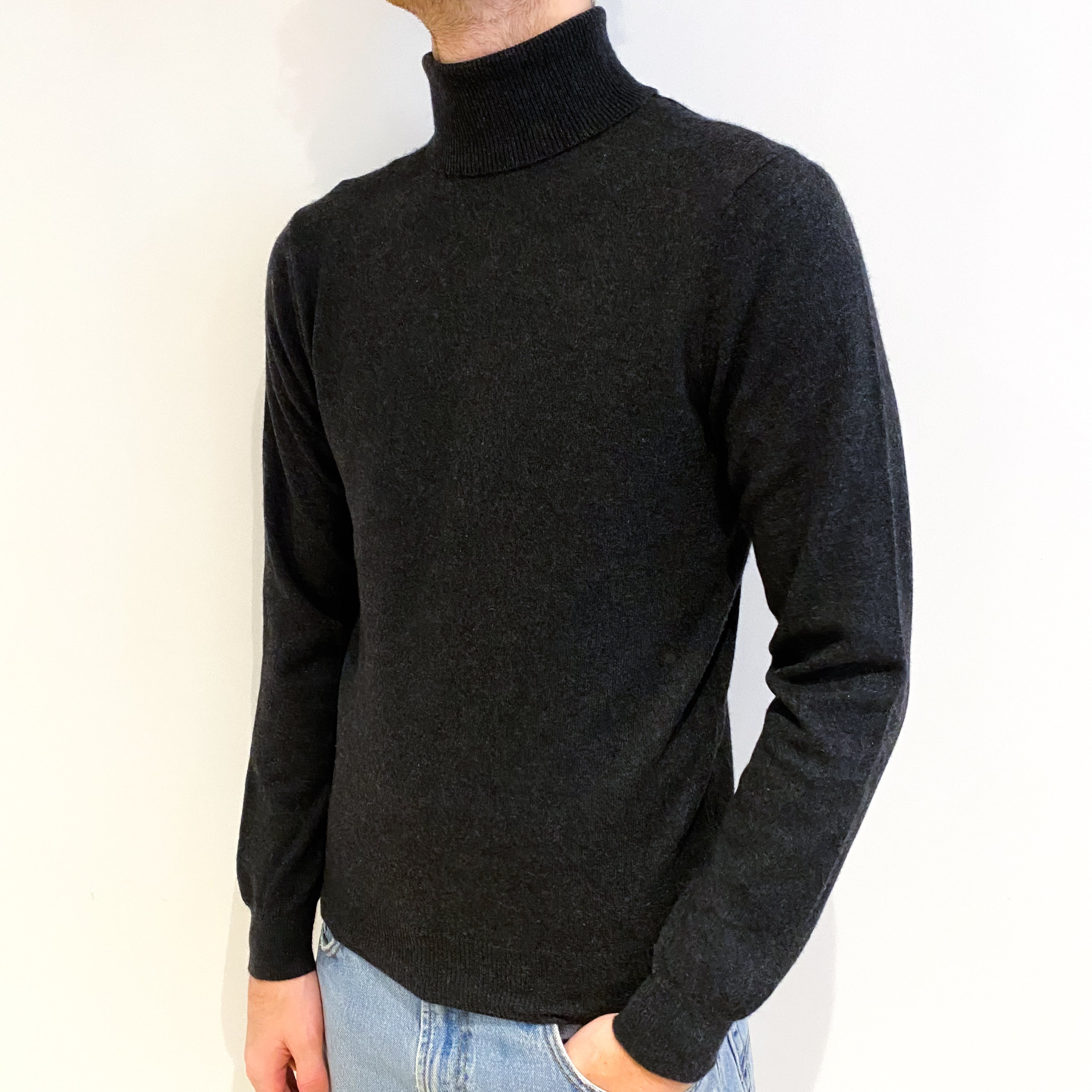Men's Charcoal Grey Cashmere Polo Neck Jumper Medium