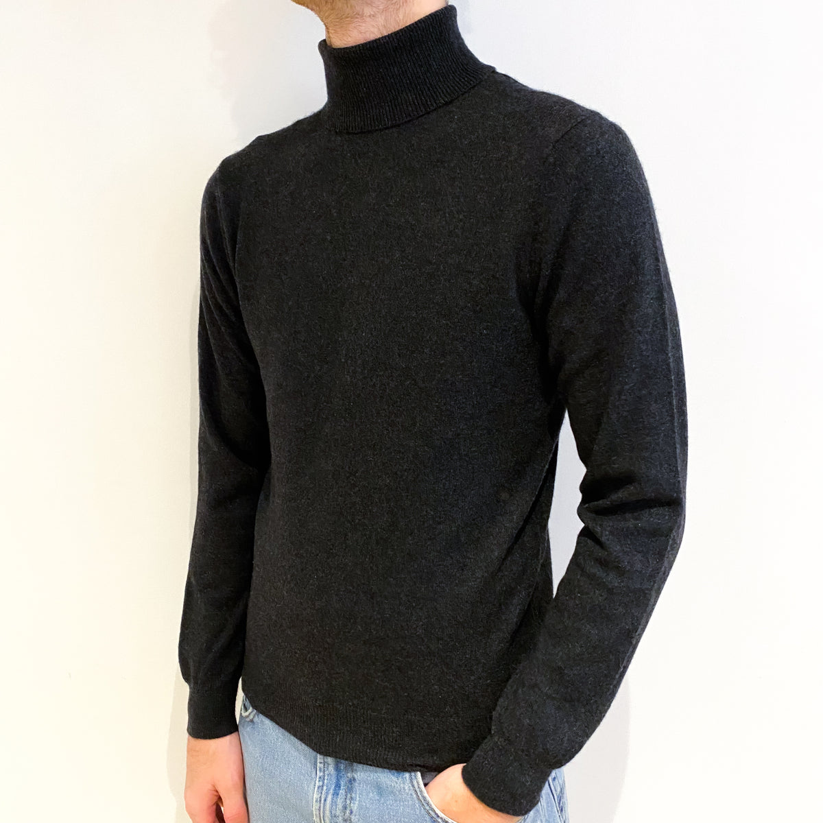 Men's Charcoal Grey Cashmere Polo Neck Jumper Medium