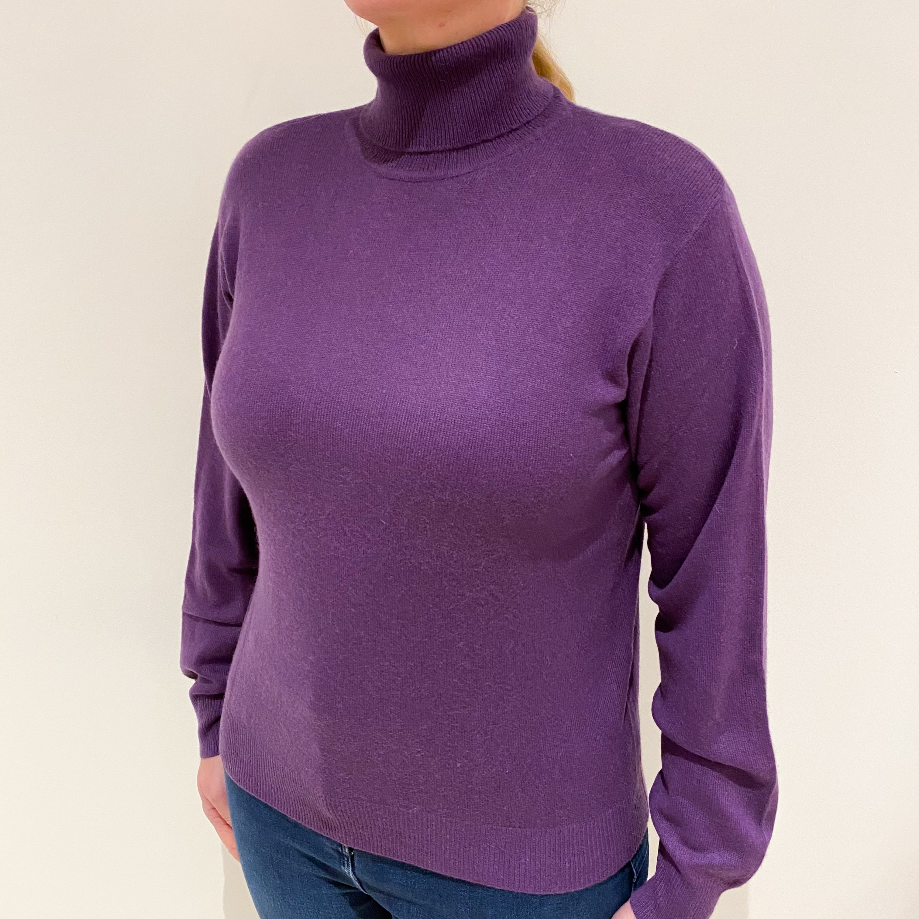 Blueberry Purple Cashmere Polo Neck Jumper Large