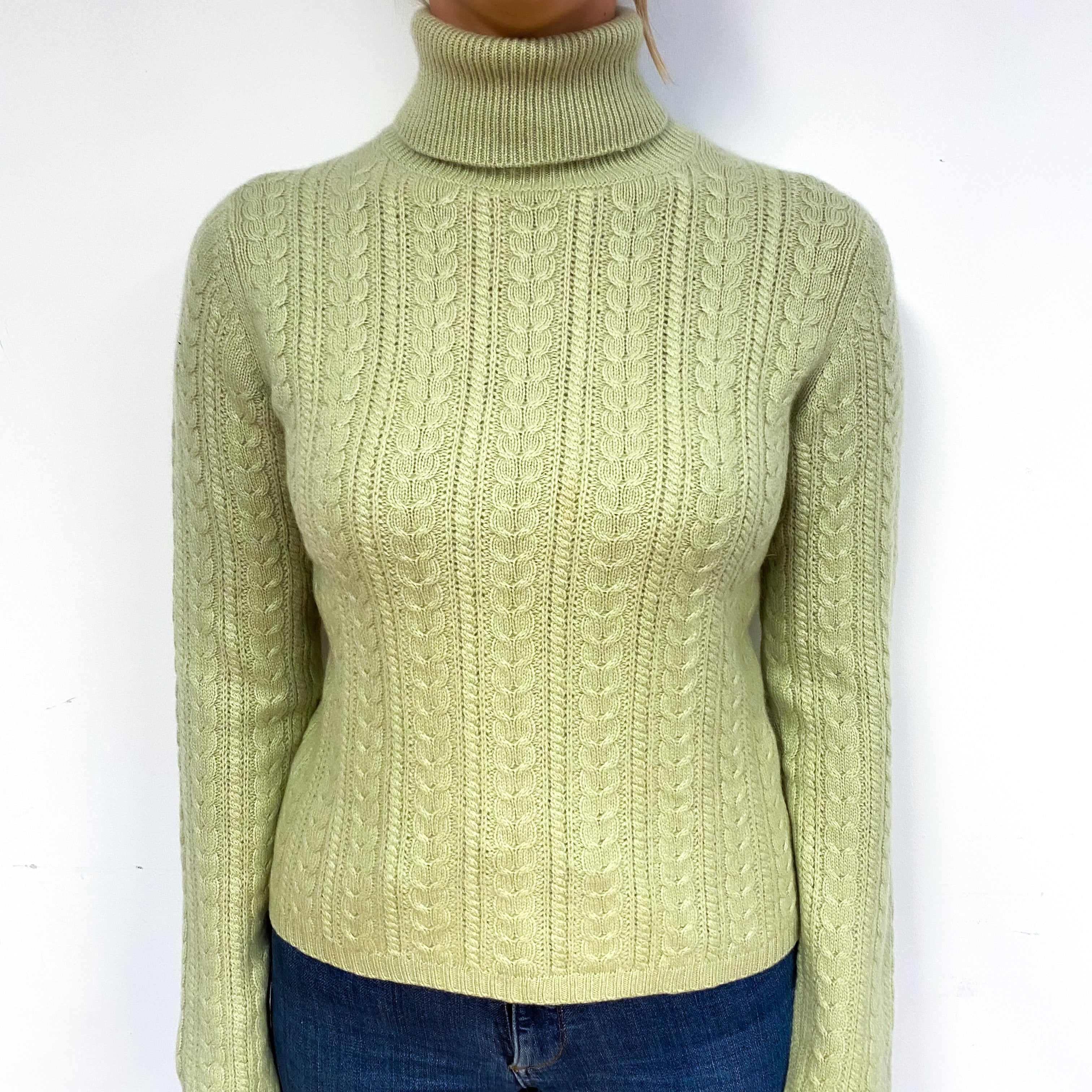 Pistachio Green Cable Cashmere Polo Neck Jumper Small