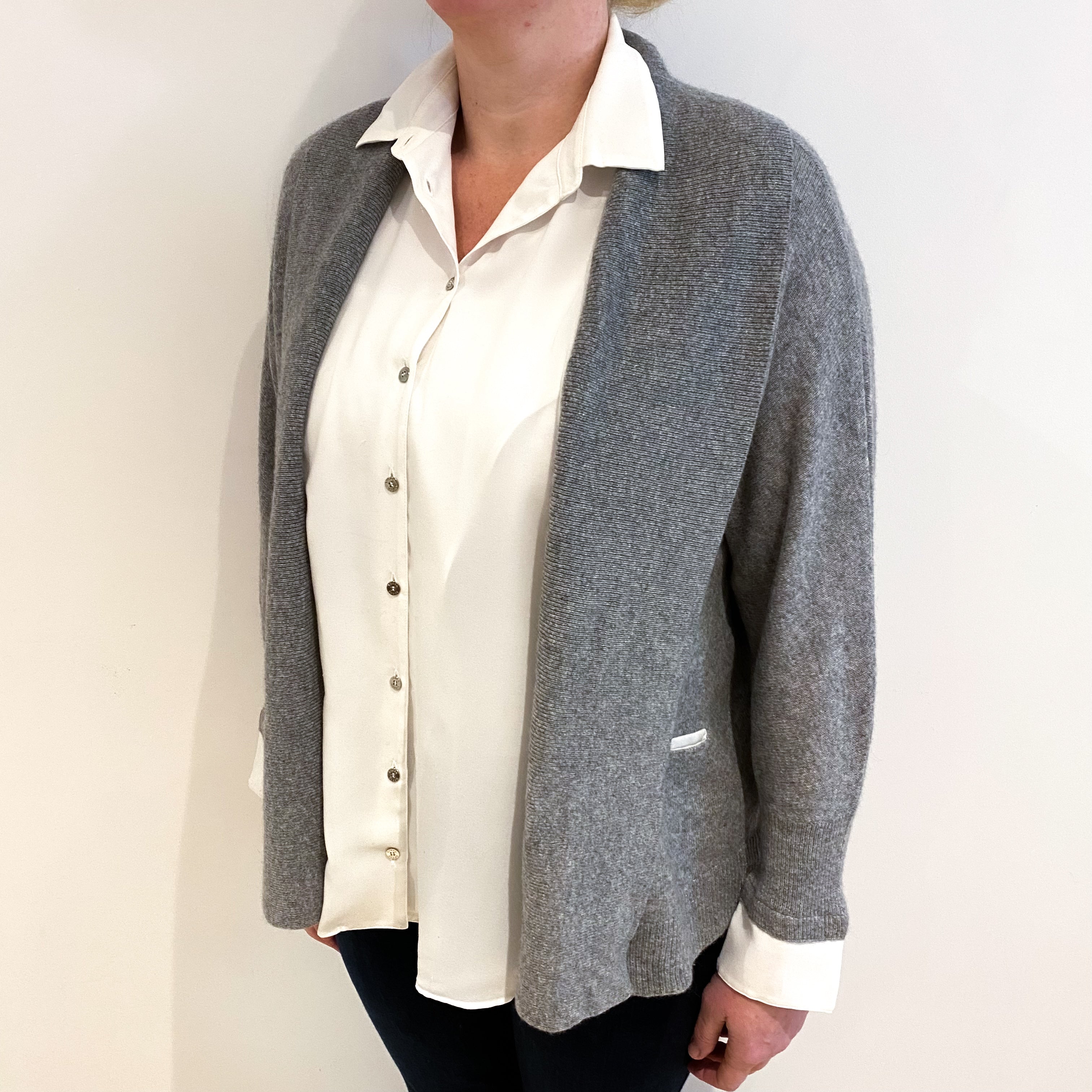 Ash Grey Cashmere Edge To Edge Cardigan With Faux Blouse Large