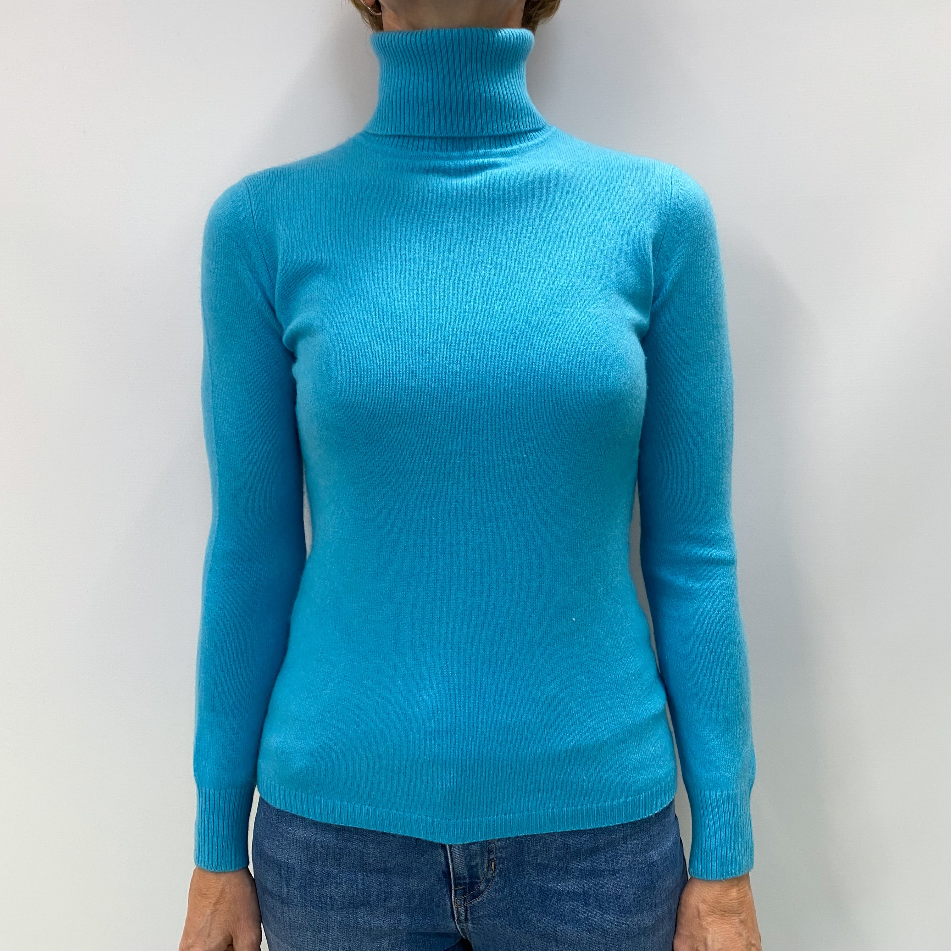 Aquamarine Blue Cashmere Polo Neck Jumper Small