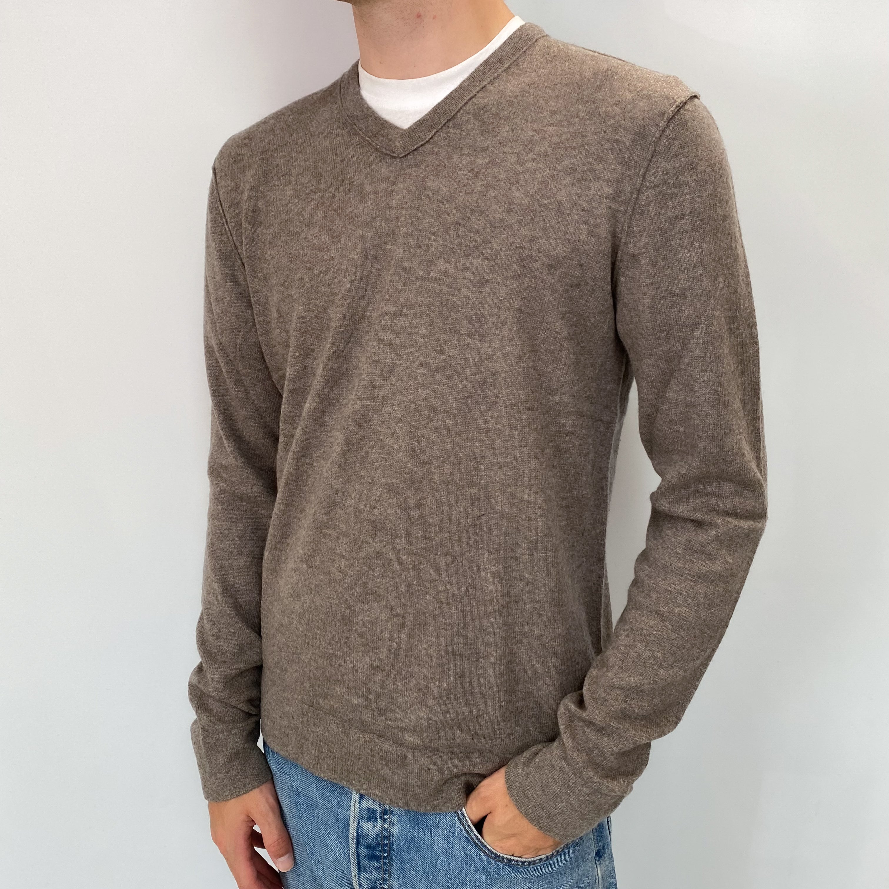 Men's Mocha Cashmere V Neck Jumper Medium