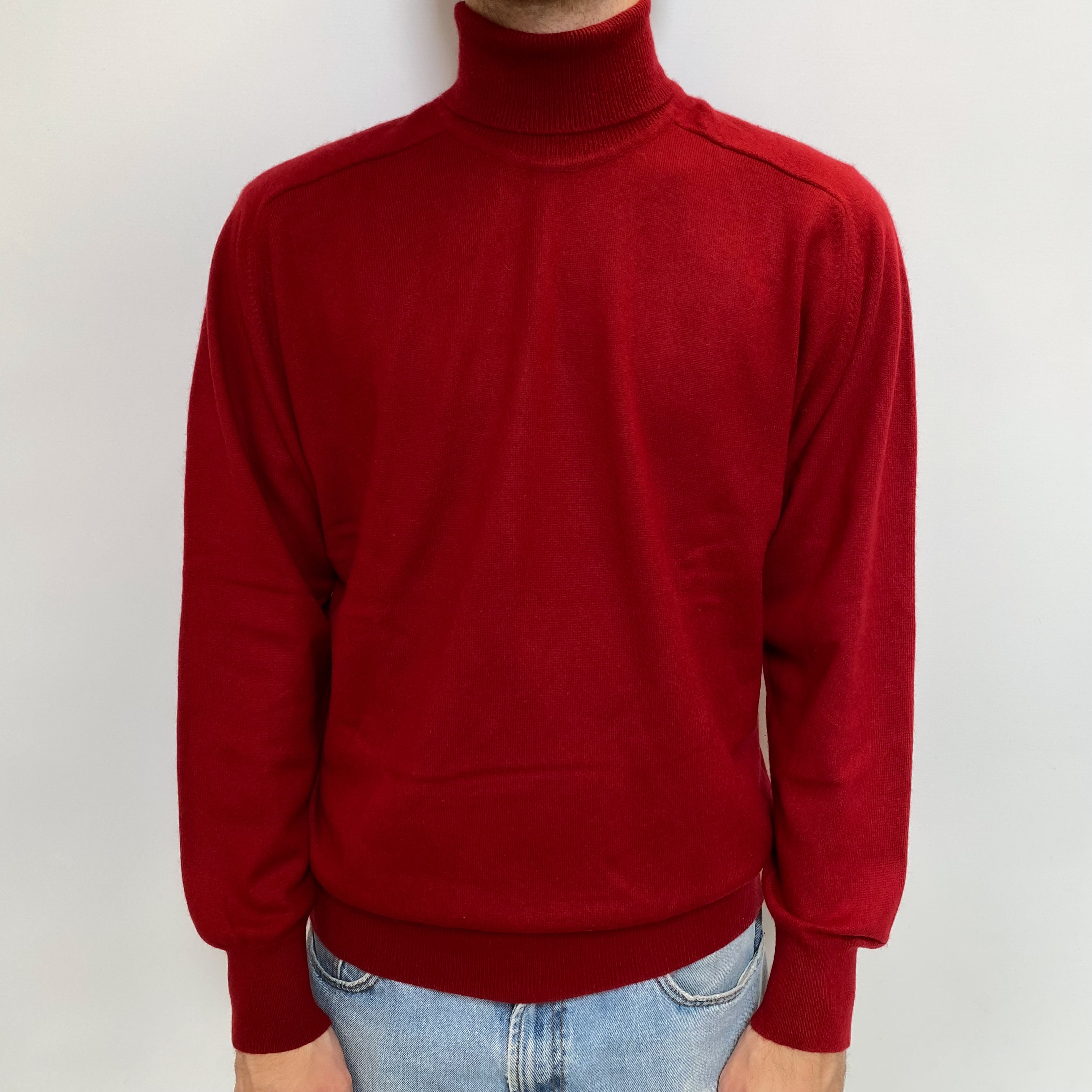 Men's Deep Red Cashmere Polo Neck Jumper Large