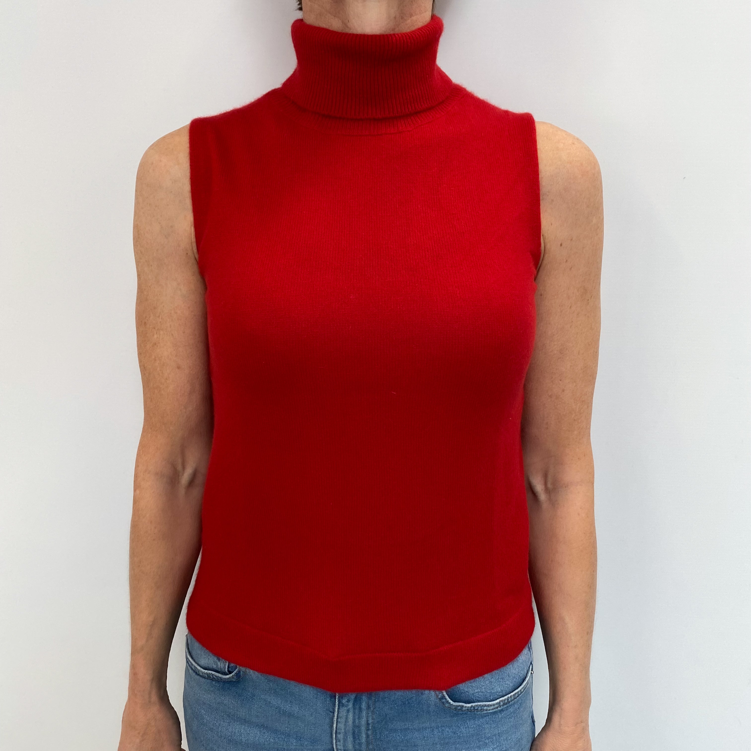 Scarlet Red Cashmere Sleeveless Polo Neck Jumper Small