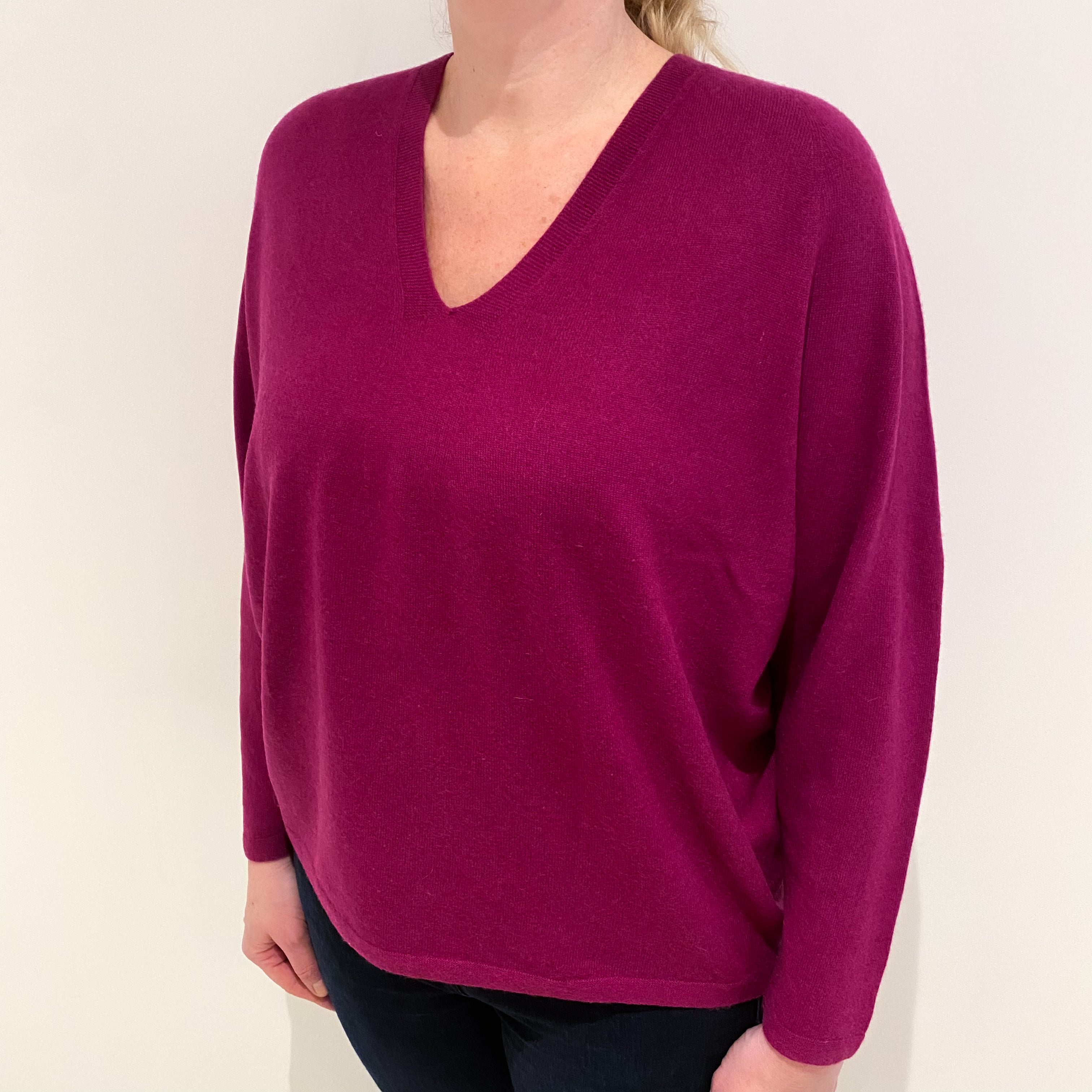 Magenta Pink Cashmere V Neck Batwing Jumper Large