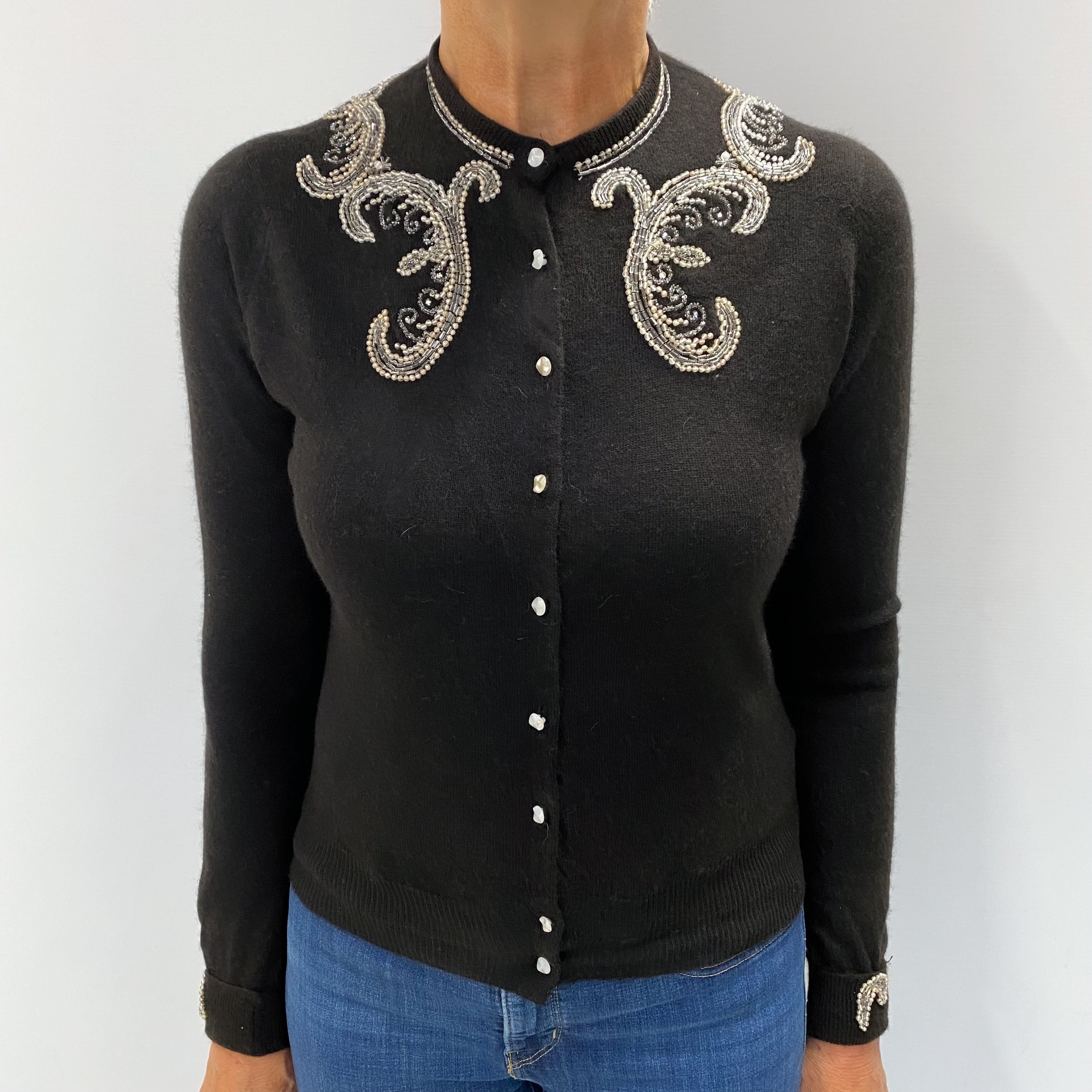 Black Cashmere Crew Neck Cardigan Medium