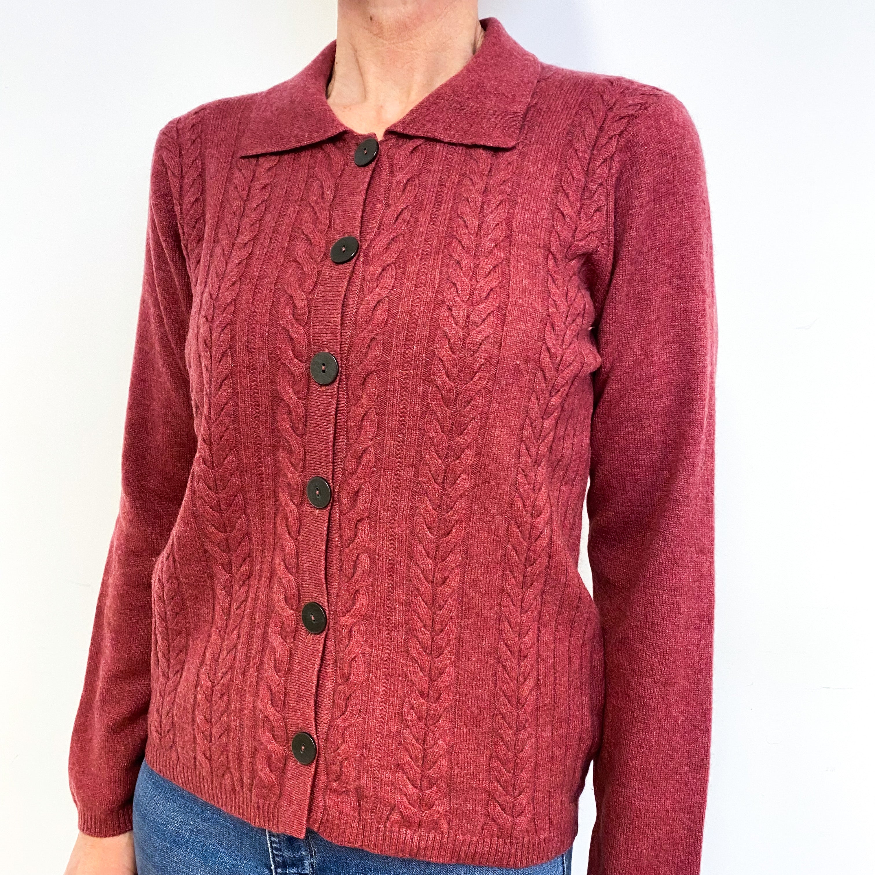 Terracotta Pink Cashmere Cable Collared Cardigan Medium