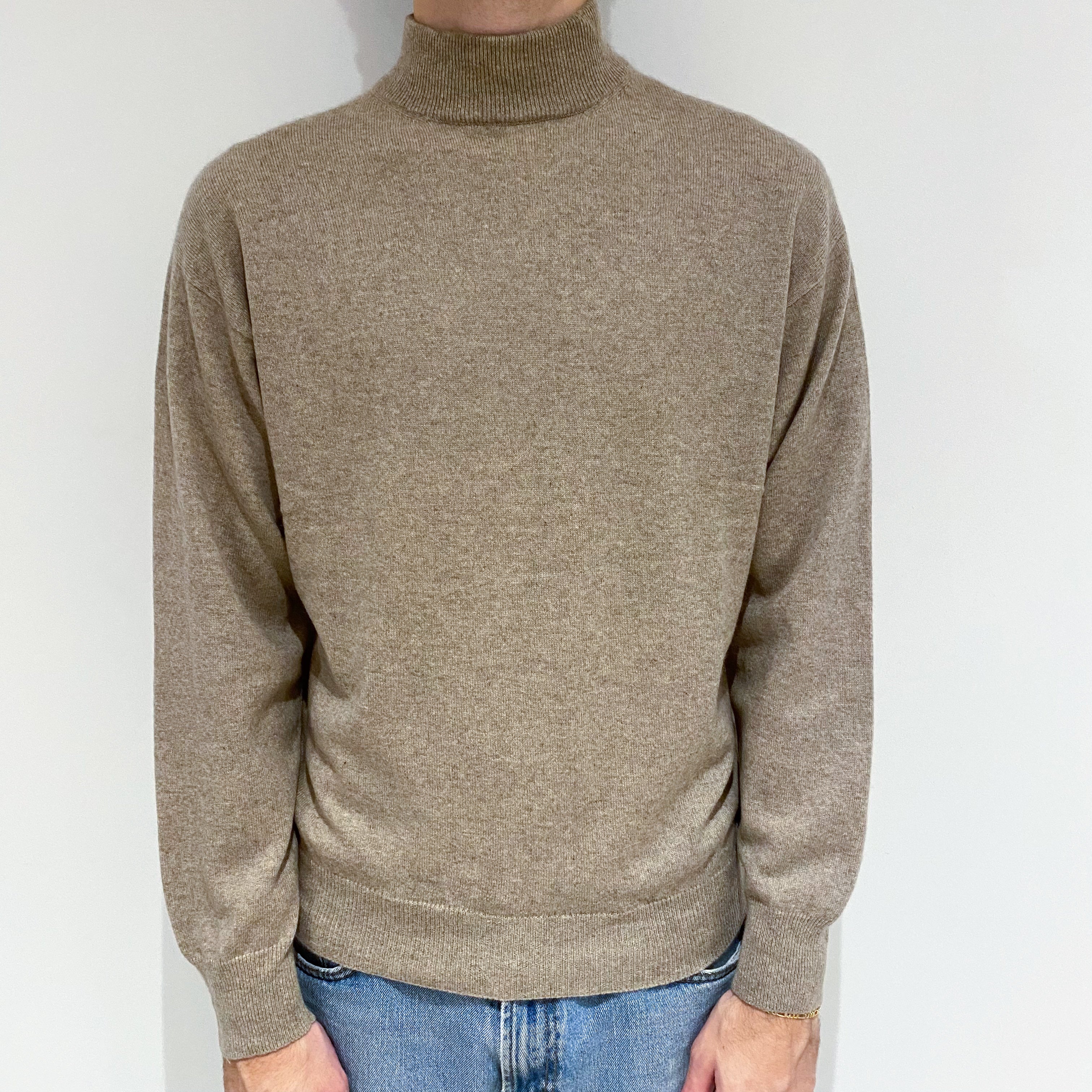 Men's Fawn Brown Cashmere Turtle Neck Jumper Large