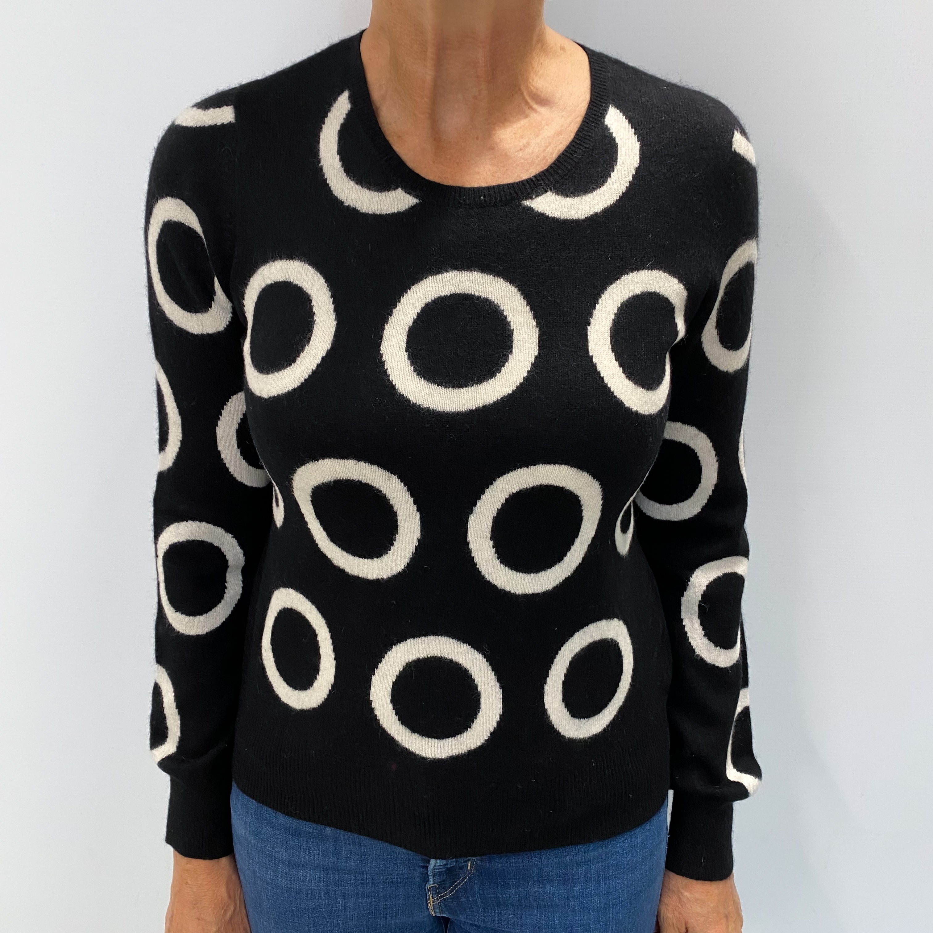 Black White Ring Cashmere Crew Neck Jumper Medium