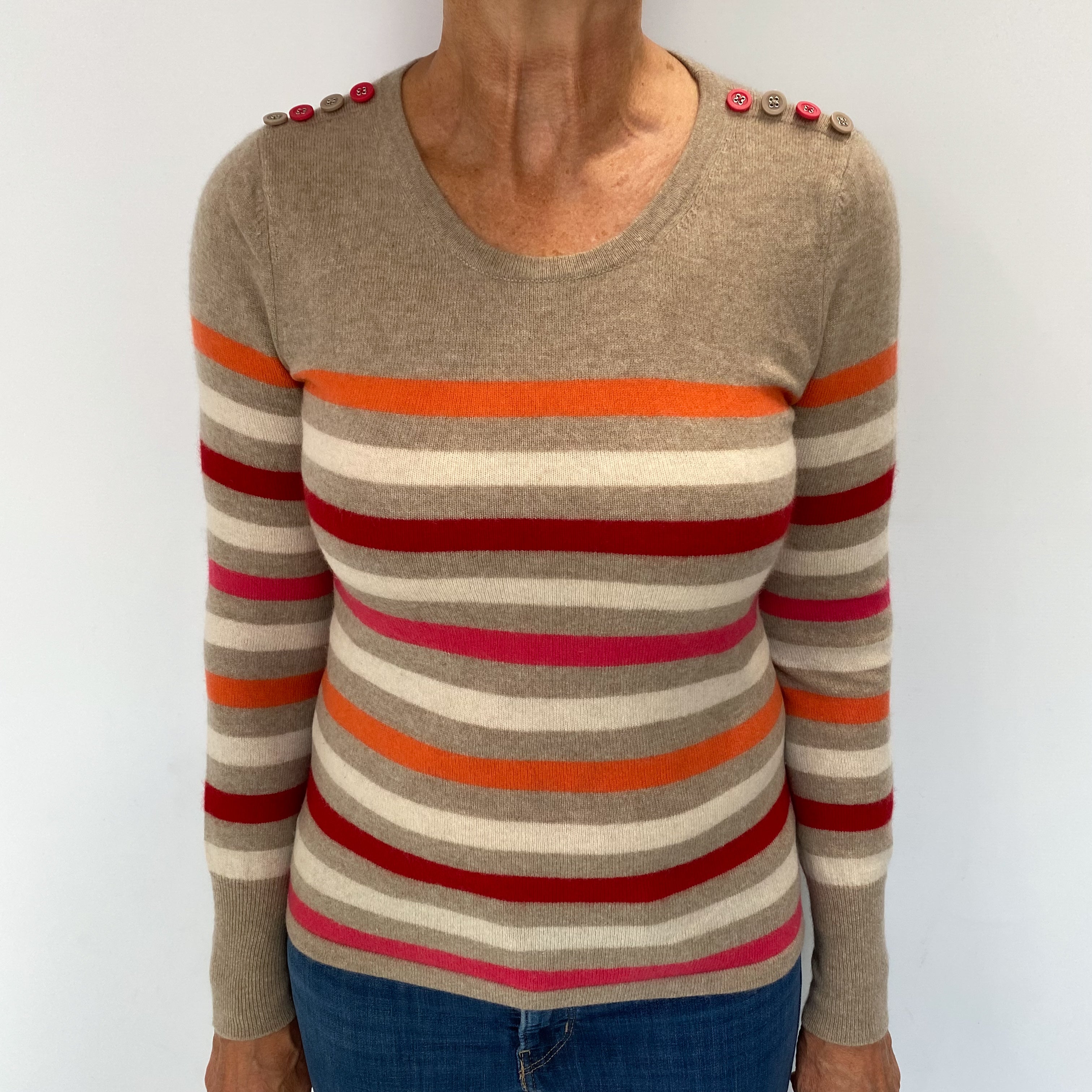 Mocha Brown Striped Cashmere Crew Neck Jumper Medium