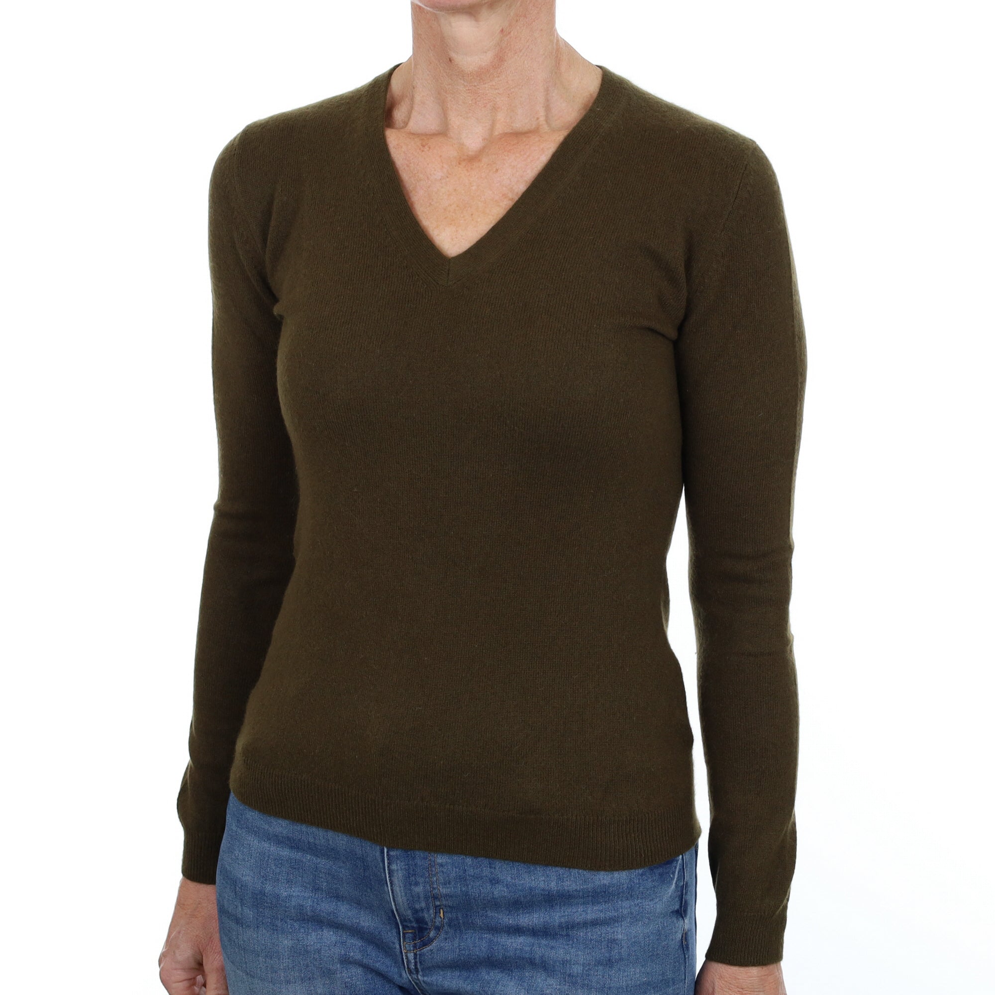 Army Green Cashmere V Neck Jumper Small