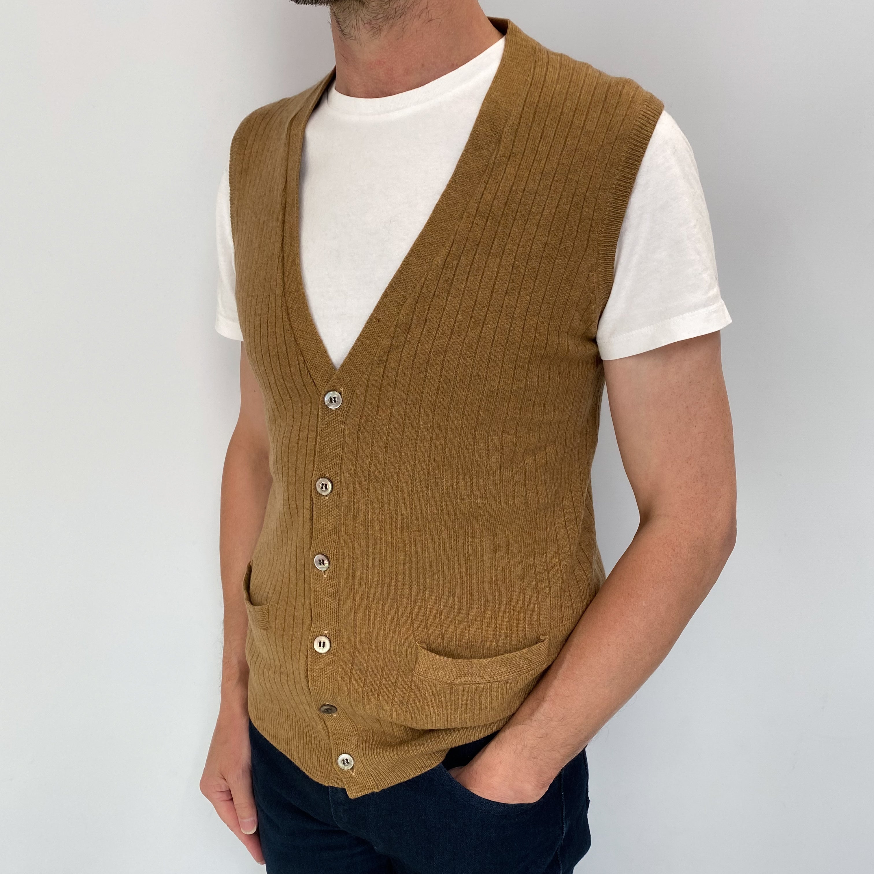 Men's Butterscotch Brown Cashmere V Neck Sleeveless Cardigan Small