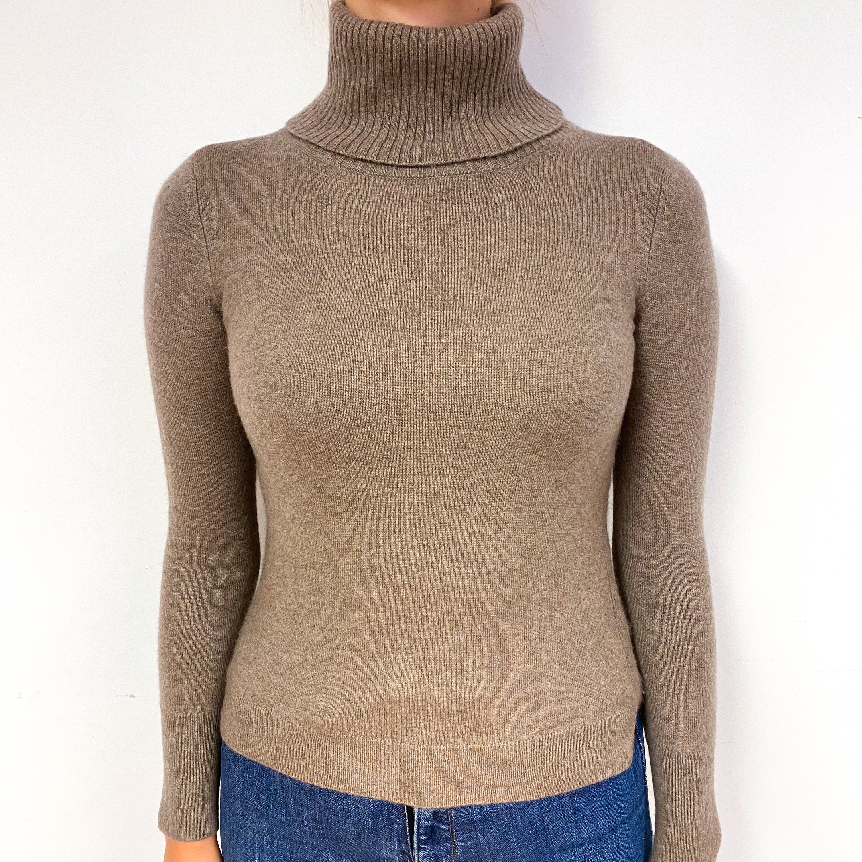 Taupe Brown Cashmere Polo Neck Jumper Small