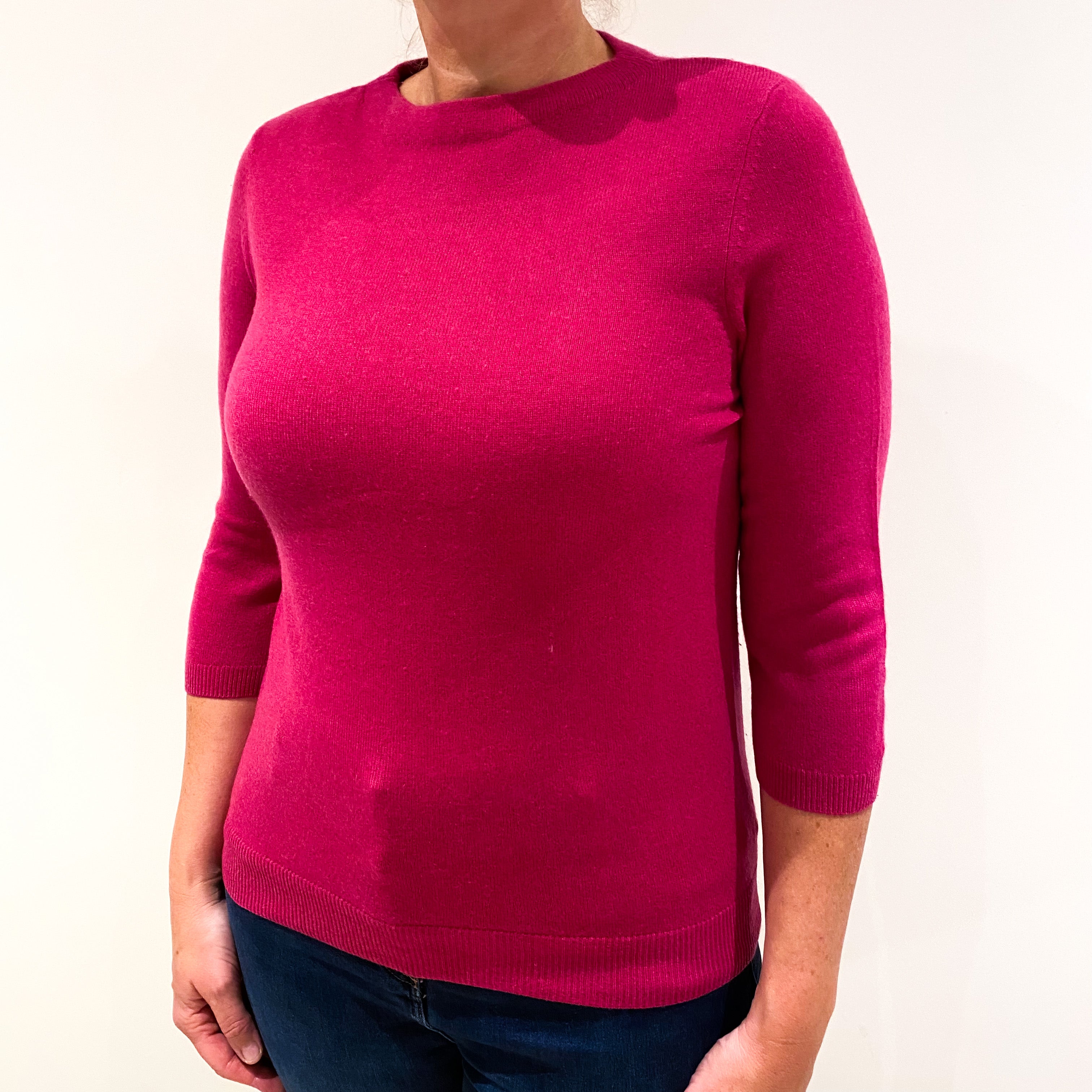 Magenta Pink 3/4 Sleeved Cashmere Crew Neck Jumper Large Petite