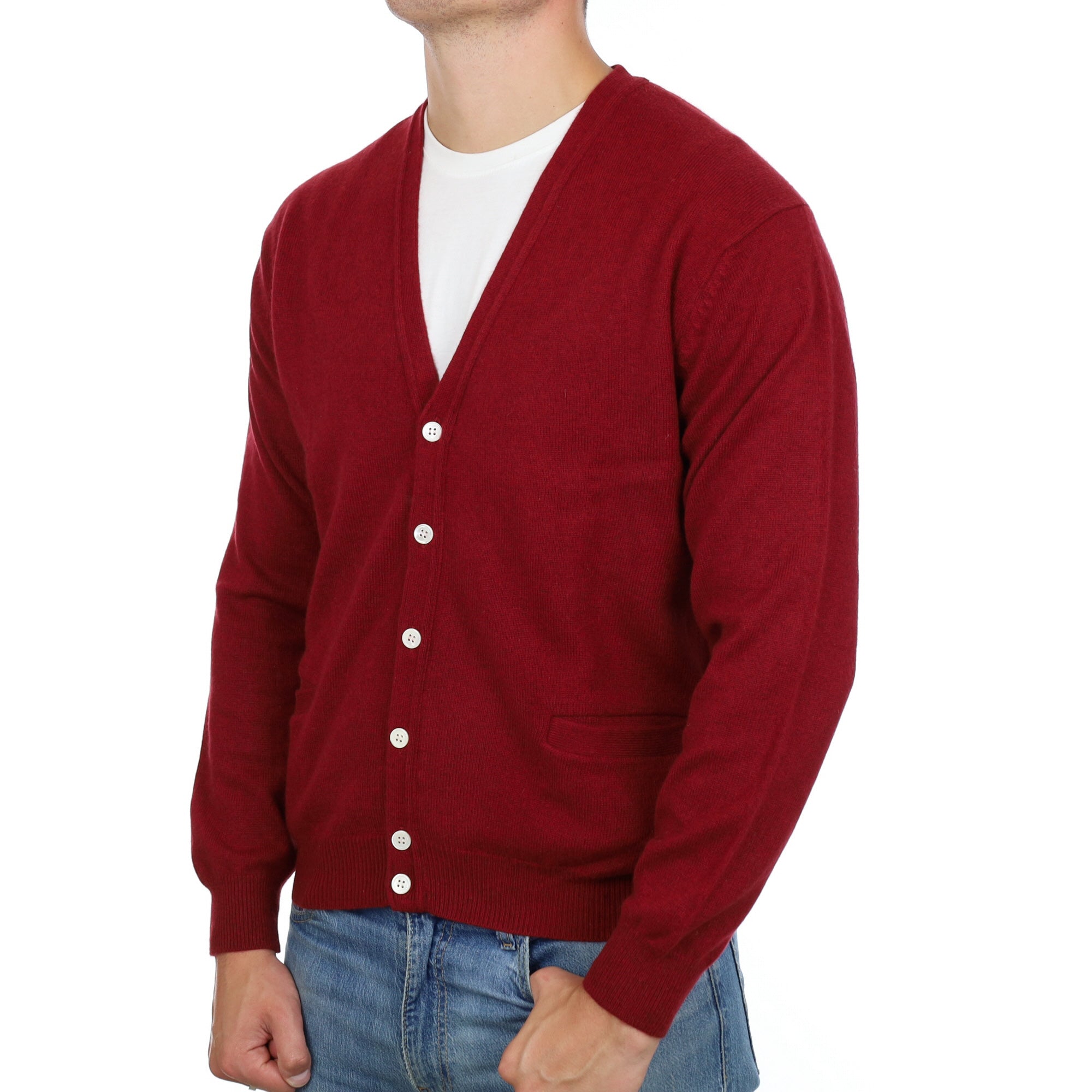 Men's Burgundy Red Cashmere V Neck Cardigan XL