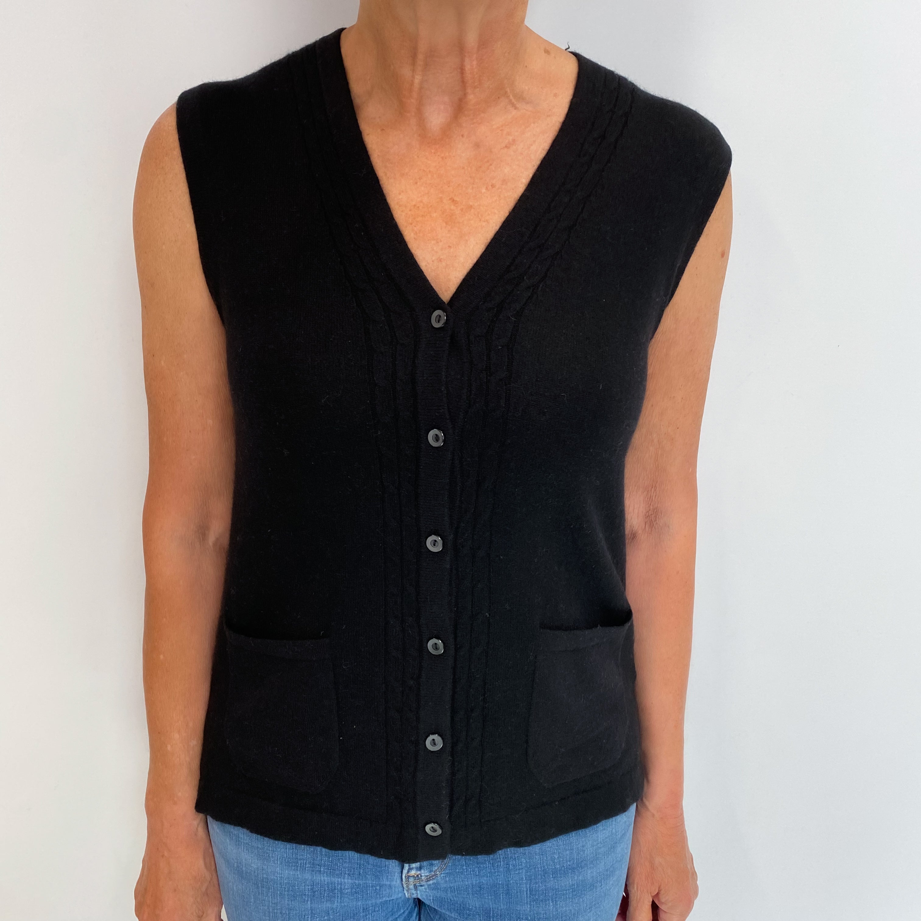 Black Cashmere V Neck Sleeveless Cardigan Medium