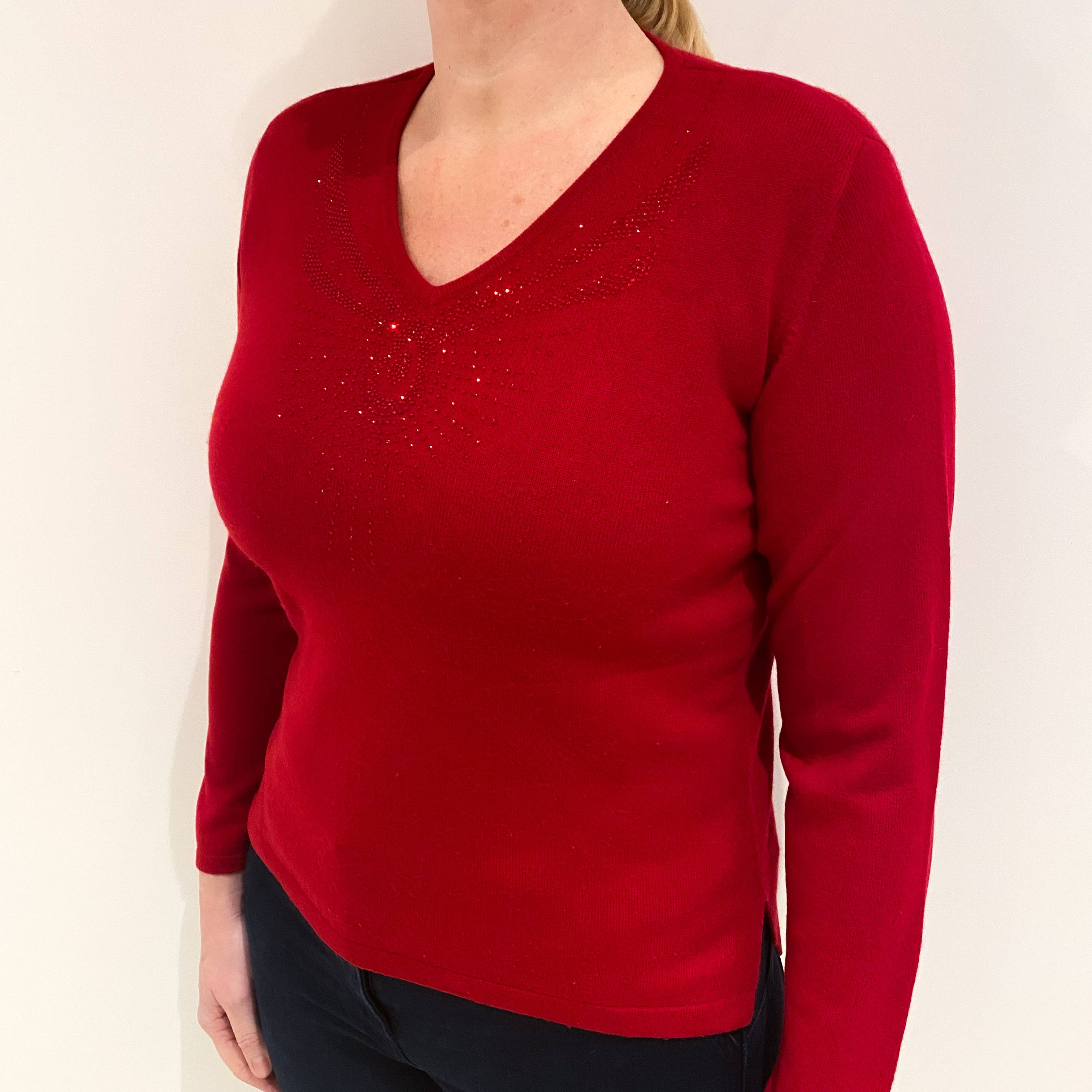 Scarlet Red Embellished Cashmere V Neck Large