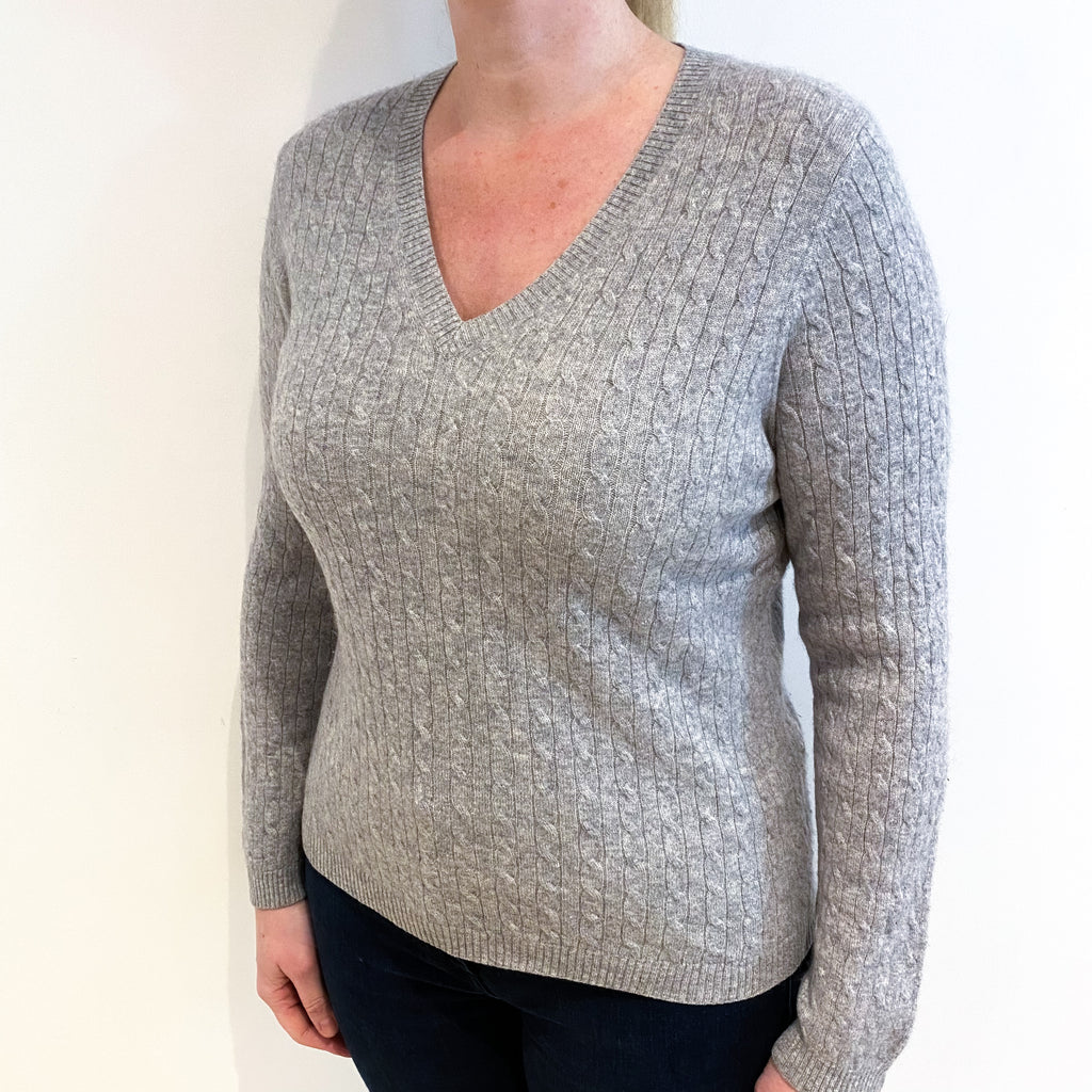 Smoke Grey Cable Cashmere V Neck Jumper Large