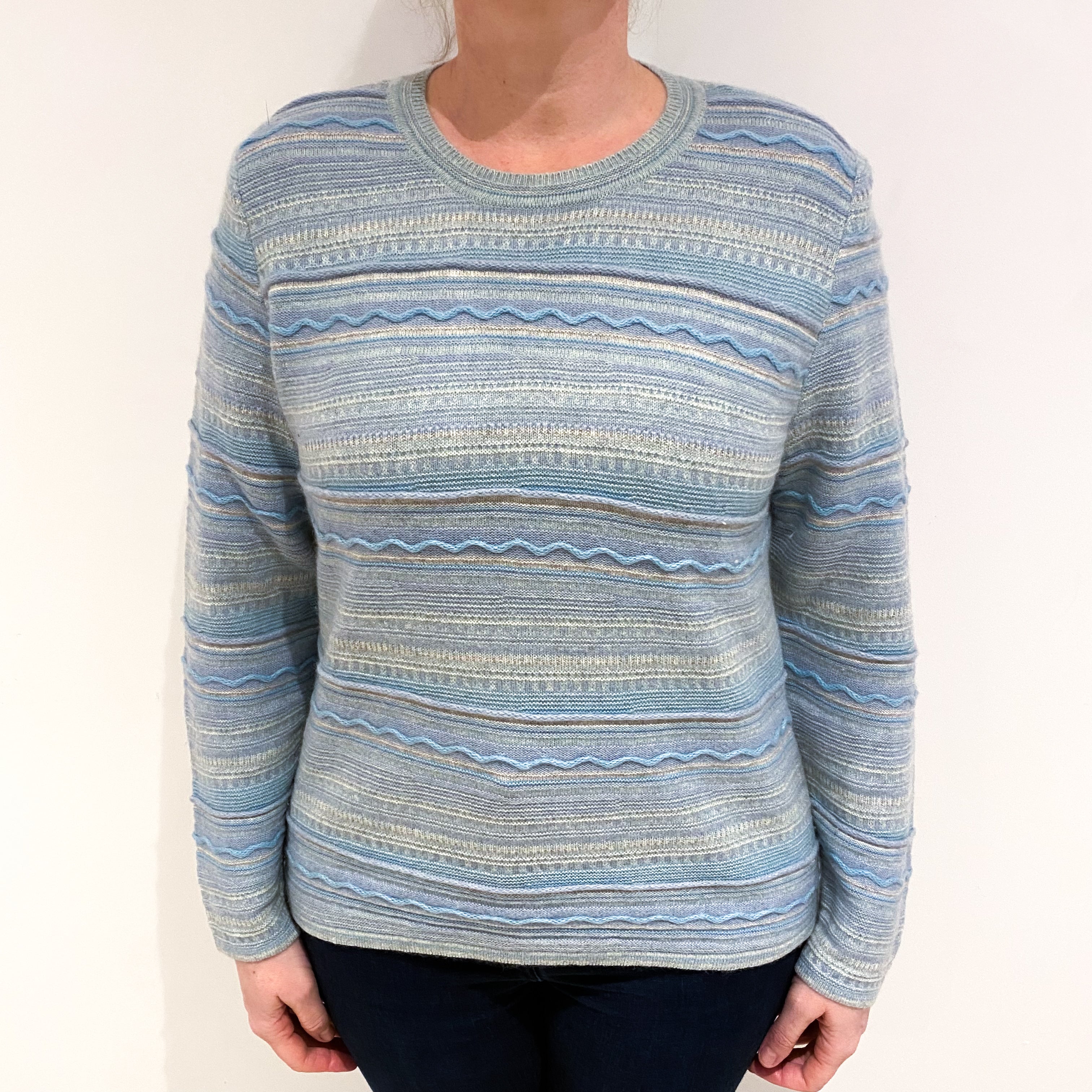 Dusty Blue Textured Stripe Cashmere Crew Neck Jumper Large