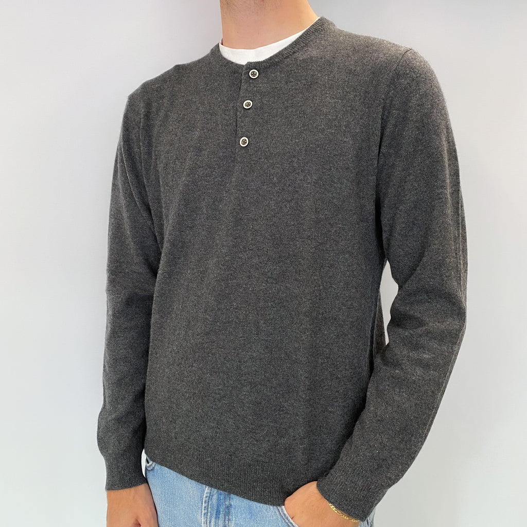 Men's Slate Grey Cashmere 1/4 Button Crew Neck Jumper Medium