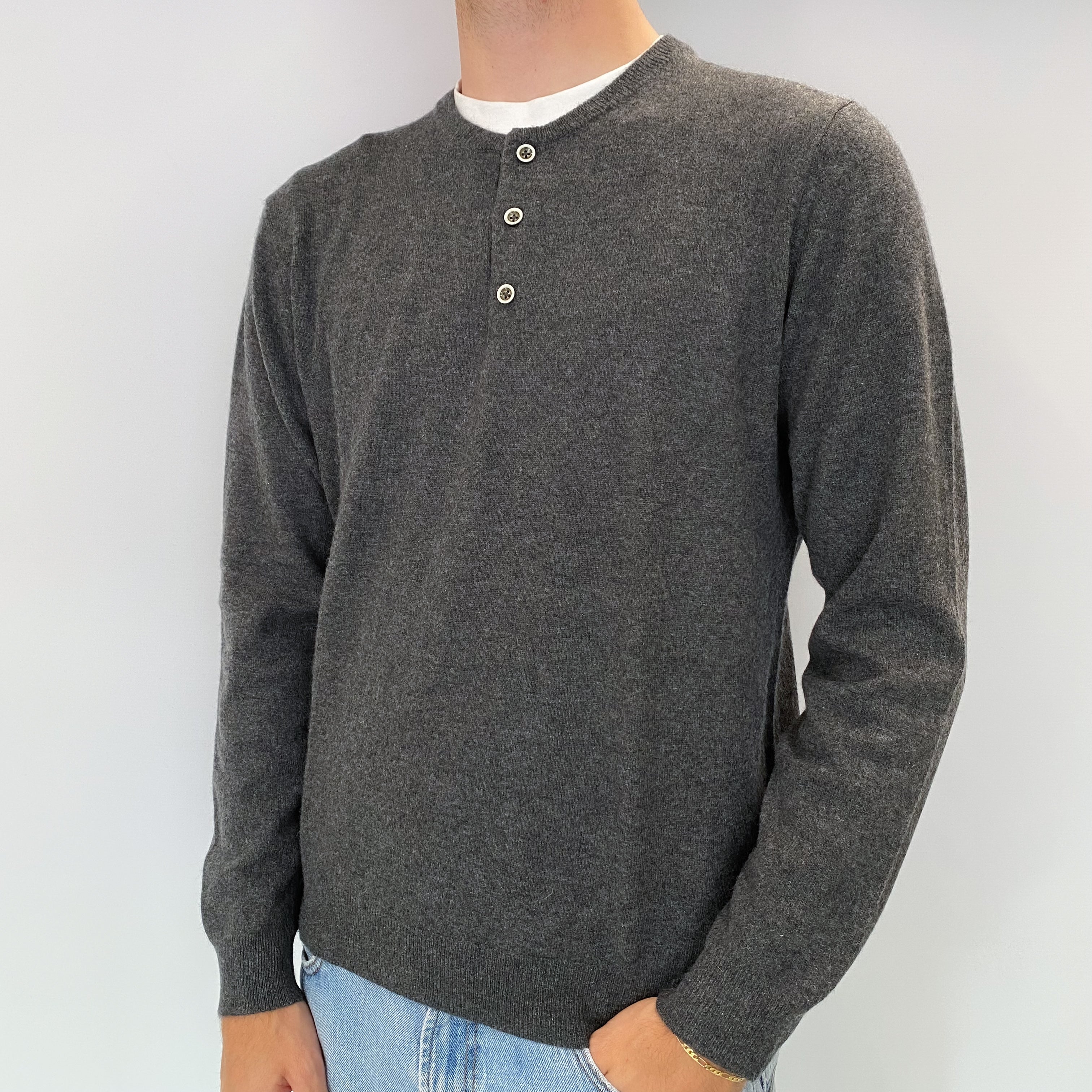 Men's Slate Grey Cashmere 1/4 Button Crew Neck Jumper Medium