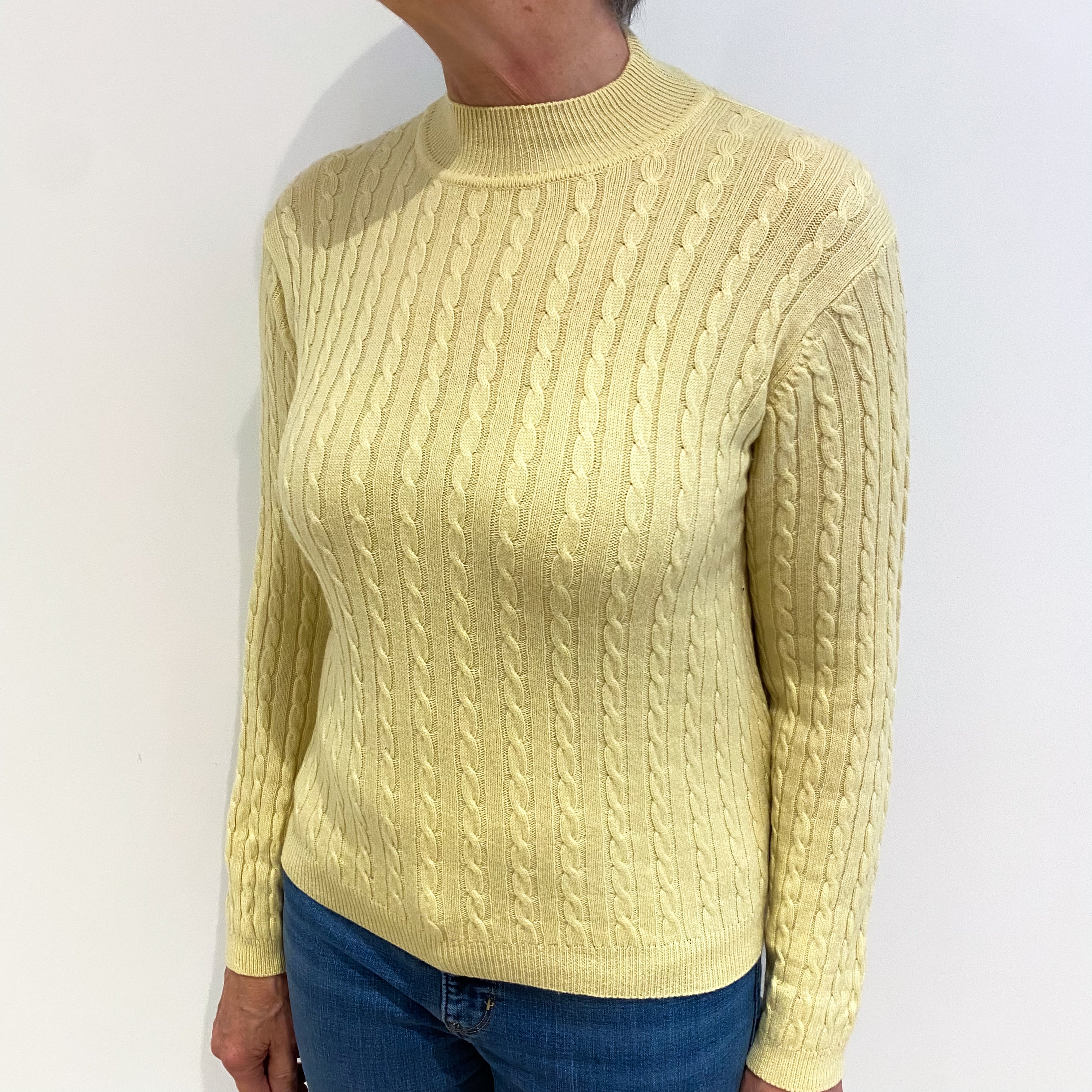 Primrose Yellow Cashmere Turtle Neck Cable Knit Jumper Medium