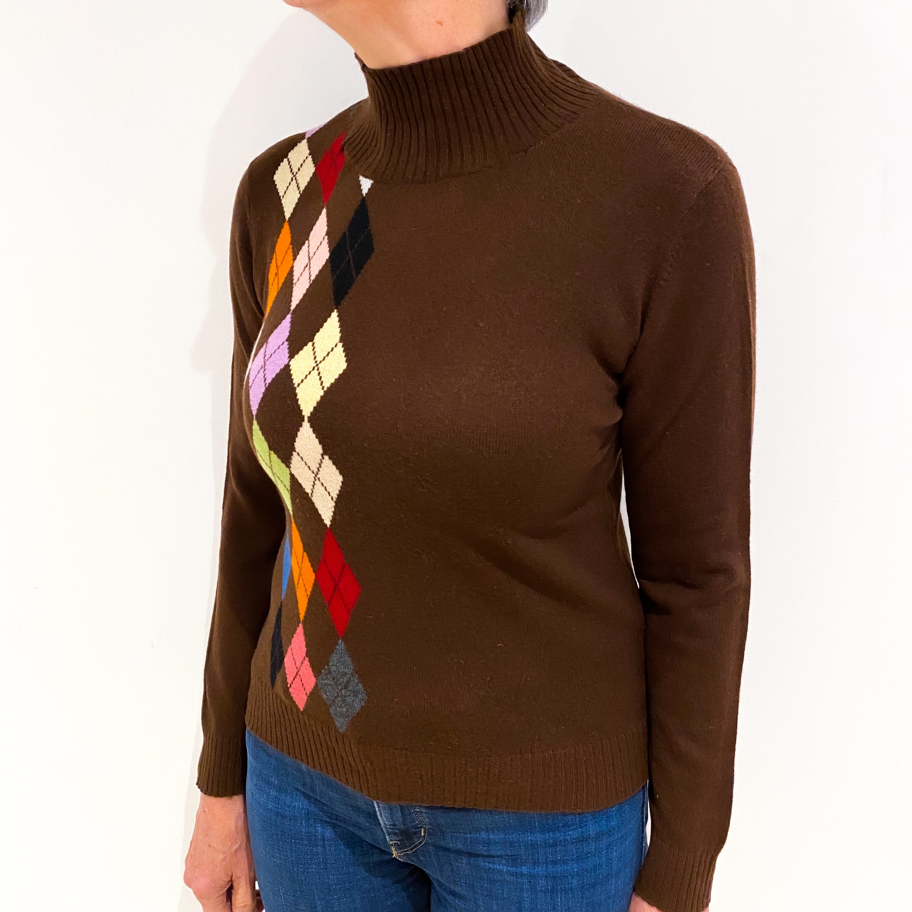 Chocolate Brown Diamond Pattern Cashmere Polo Neck Jumper Medium