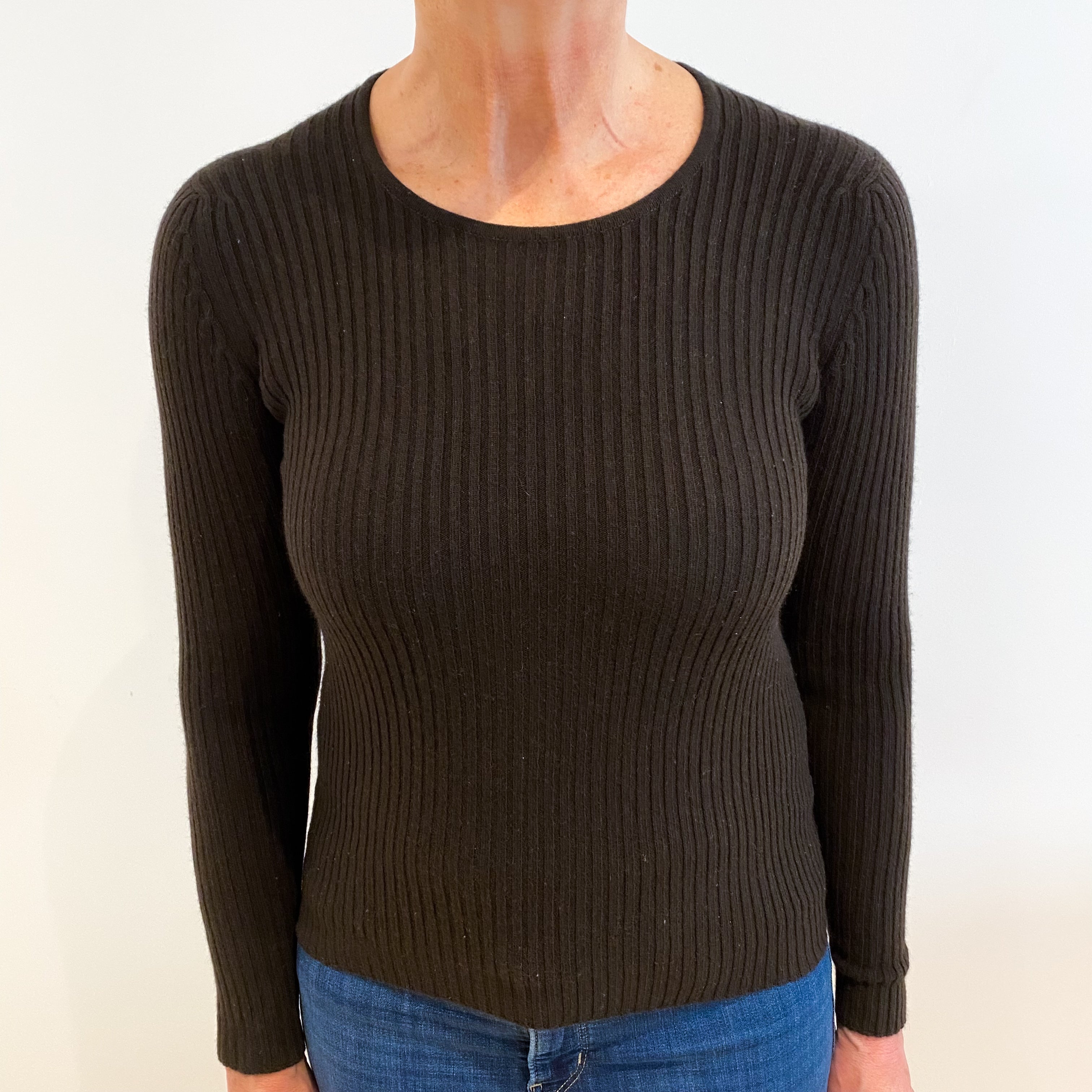 Vintage Scottish Chocolate Brown Skinny Rib Cashmere Scoop Neck Jumper Medium
