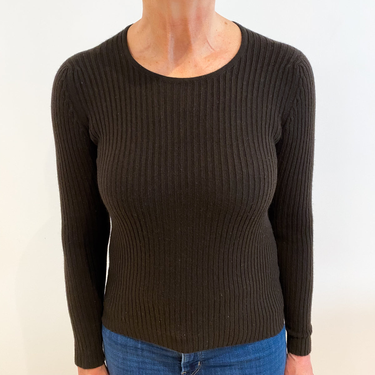 Vintage Scottish Chocolate Brown Skinny Rib Cashmere Scoop Neck Jumper Medium