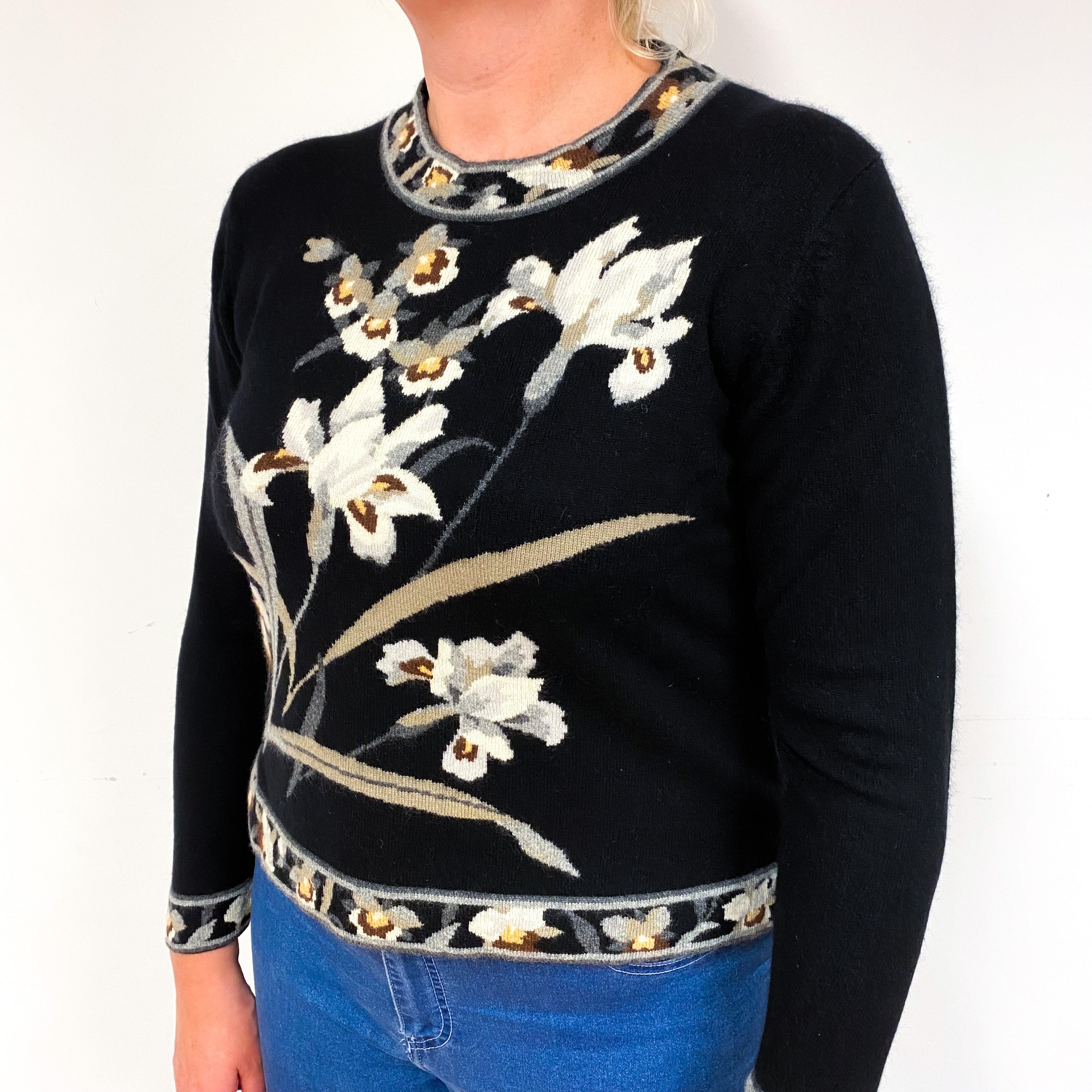 Vintage Black Grey Floral Cashmere Crew Neck Jumper Large