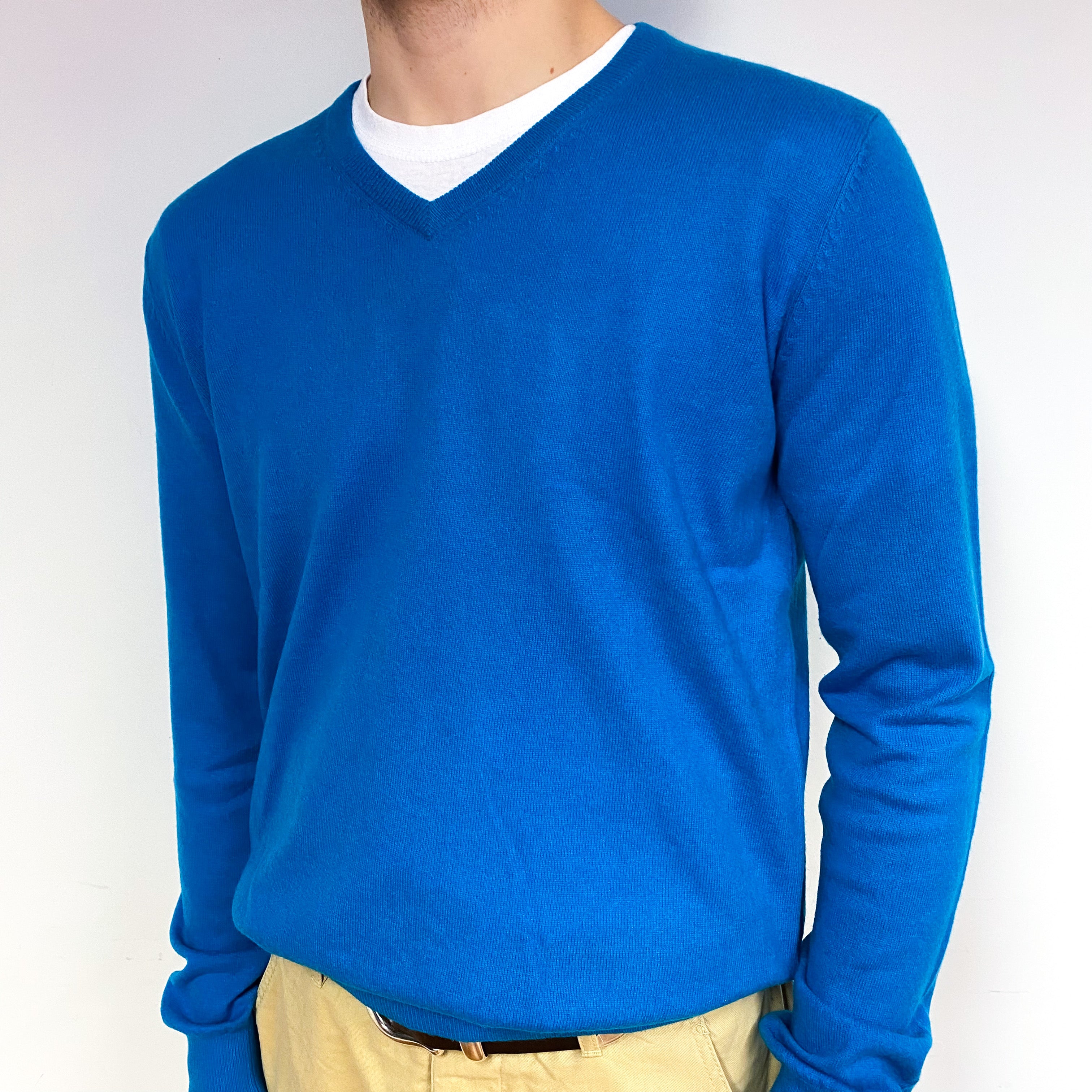 Men's Turquoise Blue Cashmere V-Neck Jumper Medium