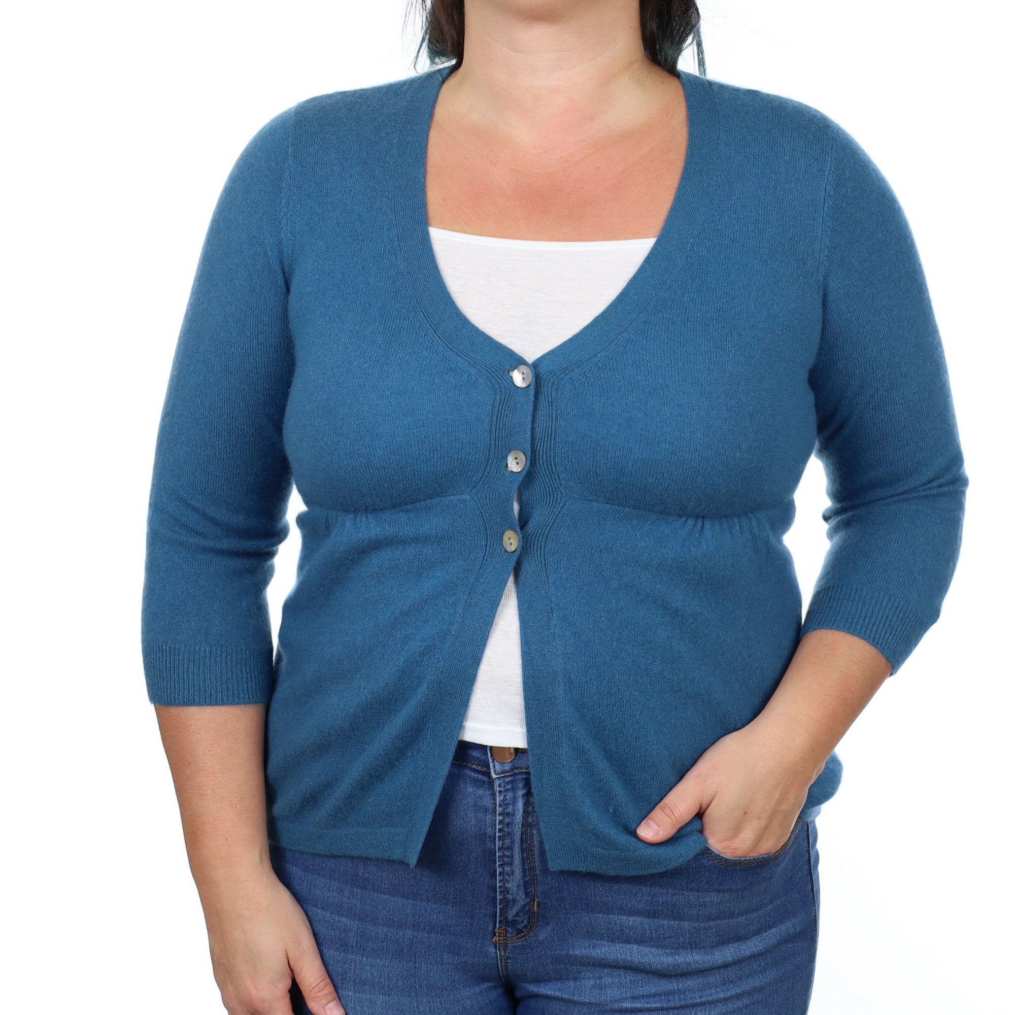Teal Blue Cashmere V Neck Cardigan Large