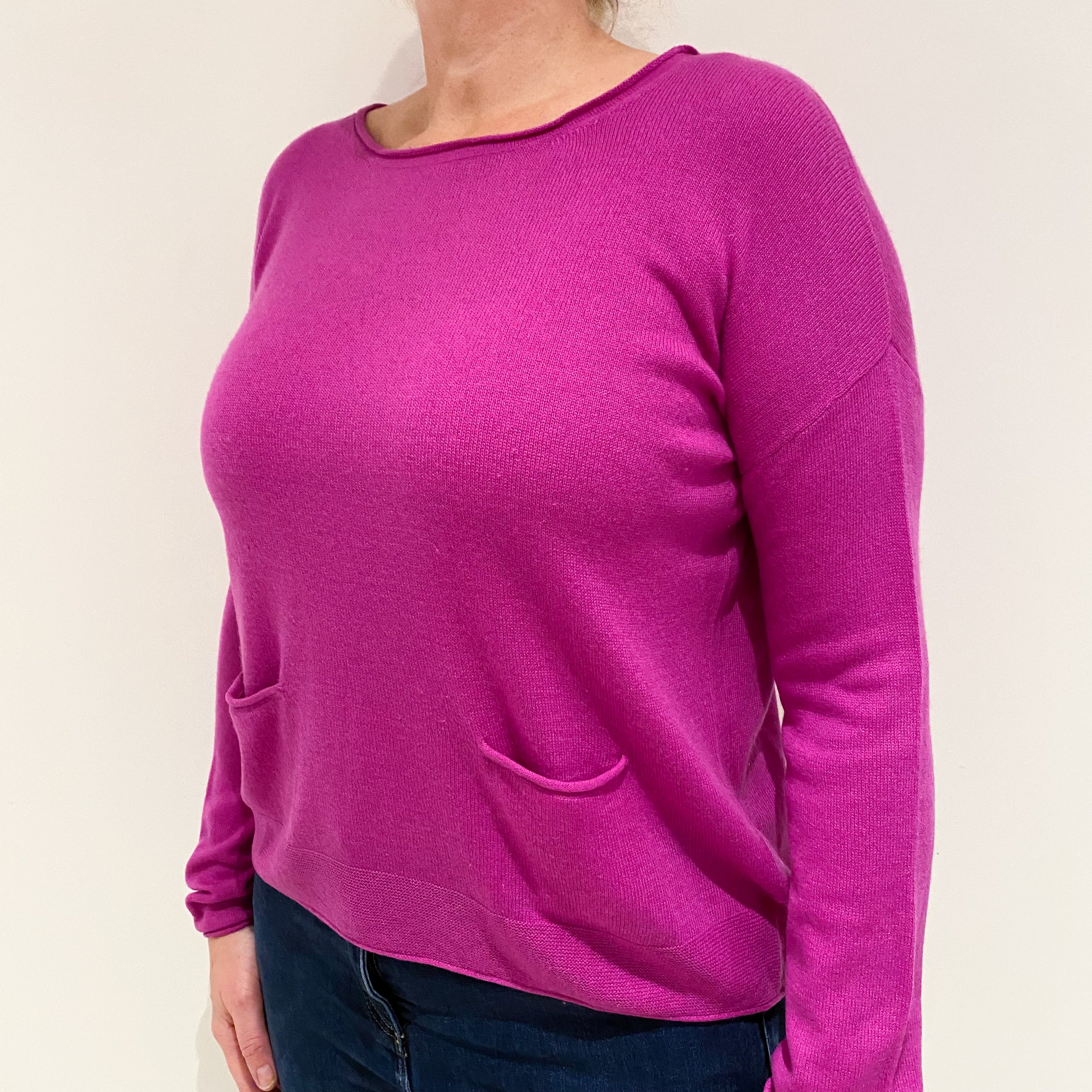 Magenta Pink Cashmere Crew Neck Jumper With Pockets Large