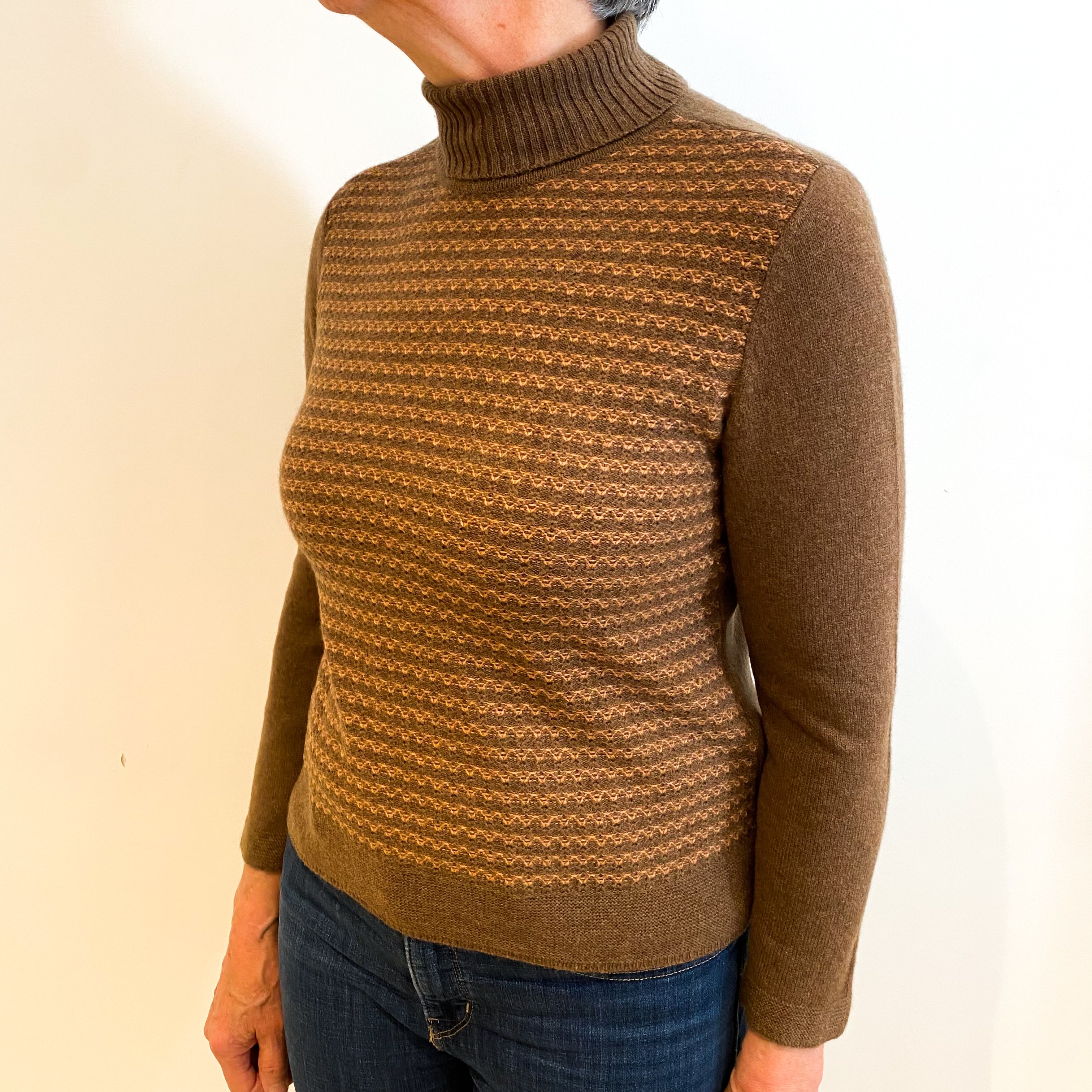 Nutmeg and Caramel Brown Cashmere Polo Neck Jumper Medium