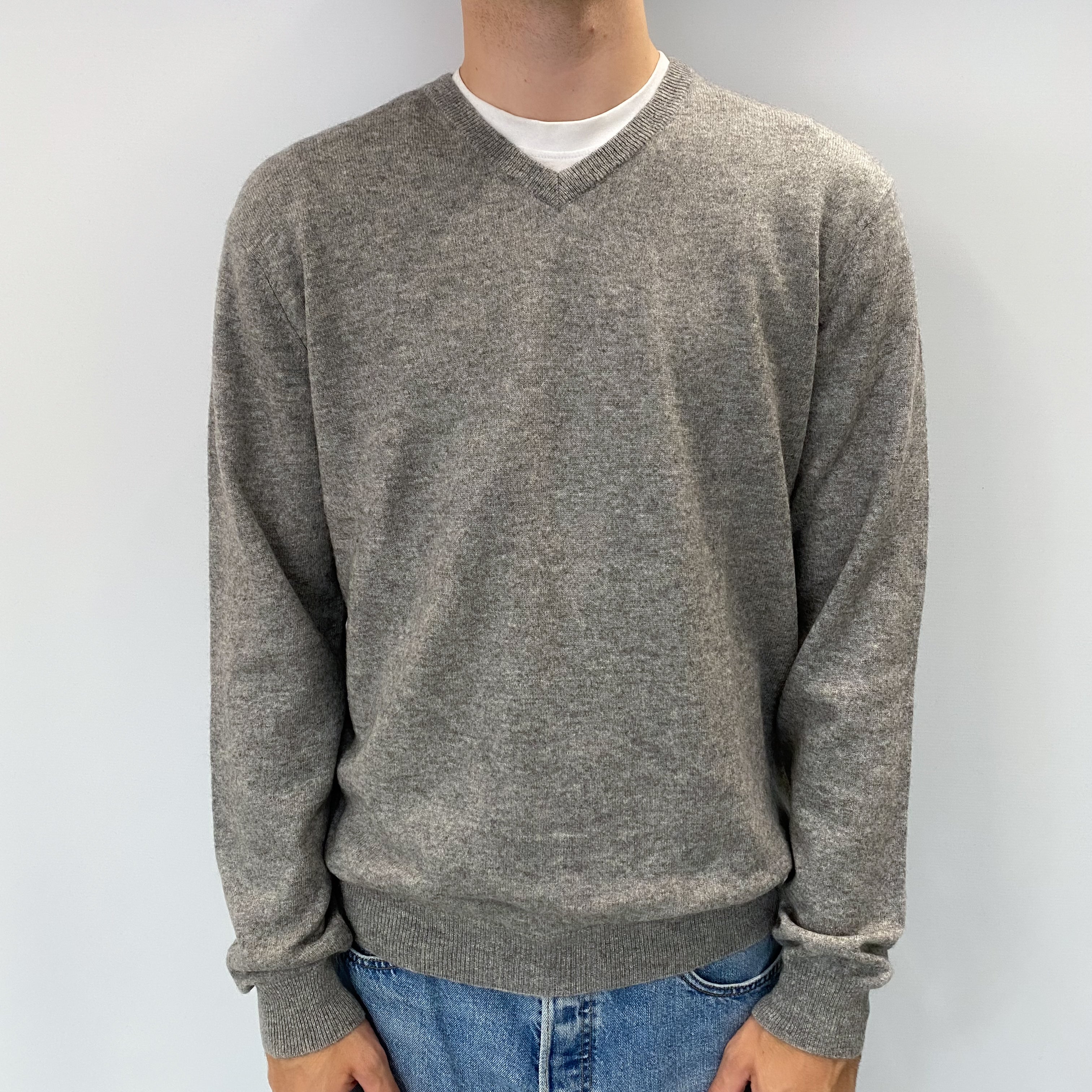 Men's Smoke GreyCashmere V Neck Jumper Large